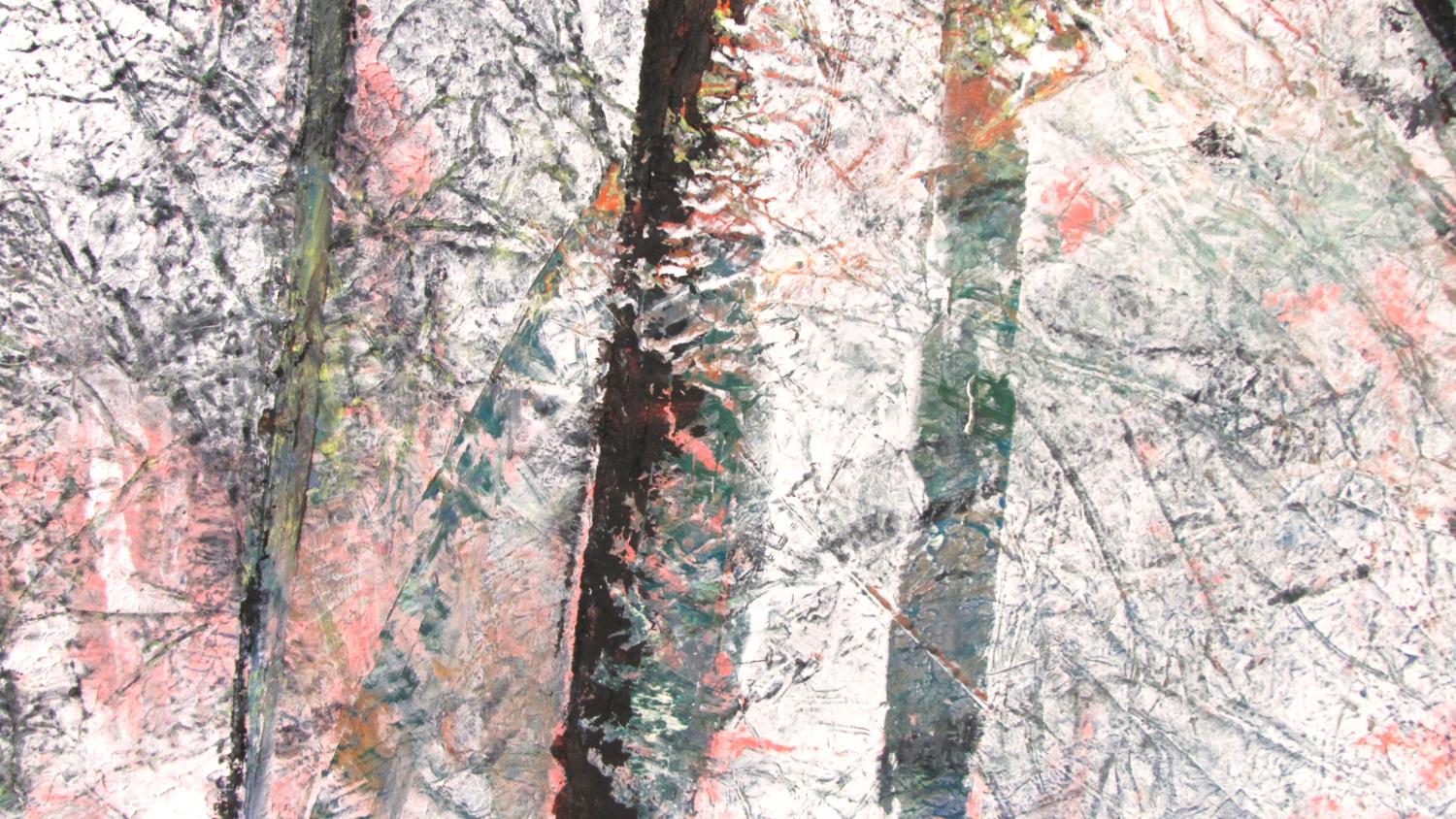<p>Artist Comments<br />Layers of oil and cold wax medium in misty cool colors give life to this abstracted forest scene. 