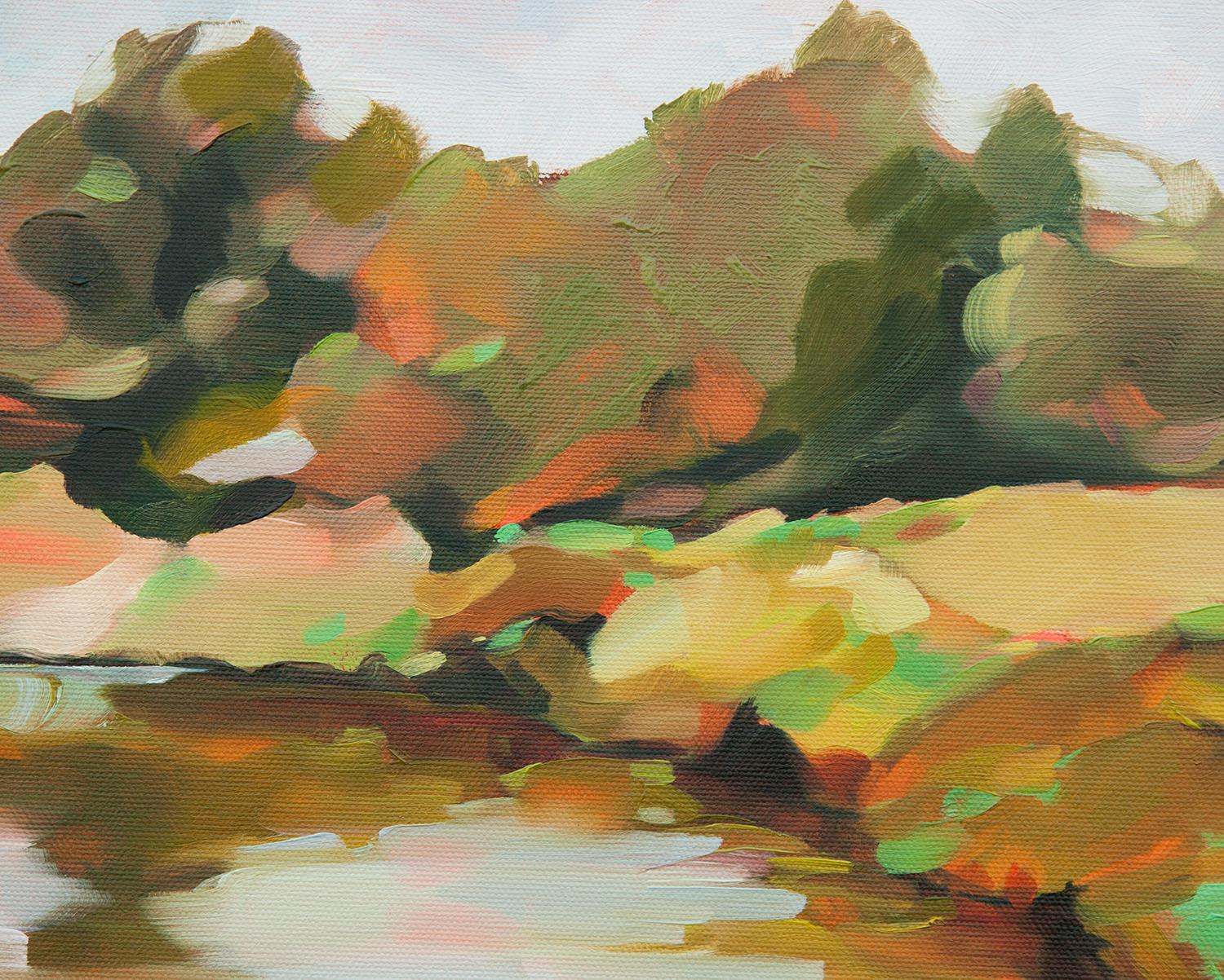 <p>Artist Comments<br />While enjoying a relaxing golf trip to Georgia, David came across this dynamic view of a lake in rolling hills near Atlanta. The earthy tones in the landscape complement the large, puffy clouds in the brilliant sky. Afternoon