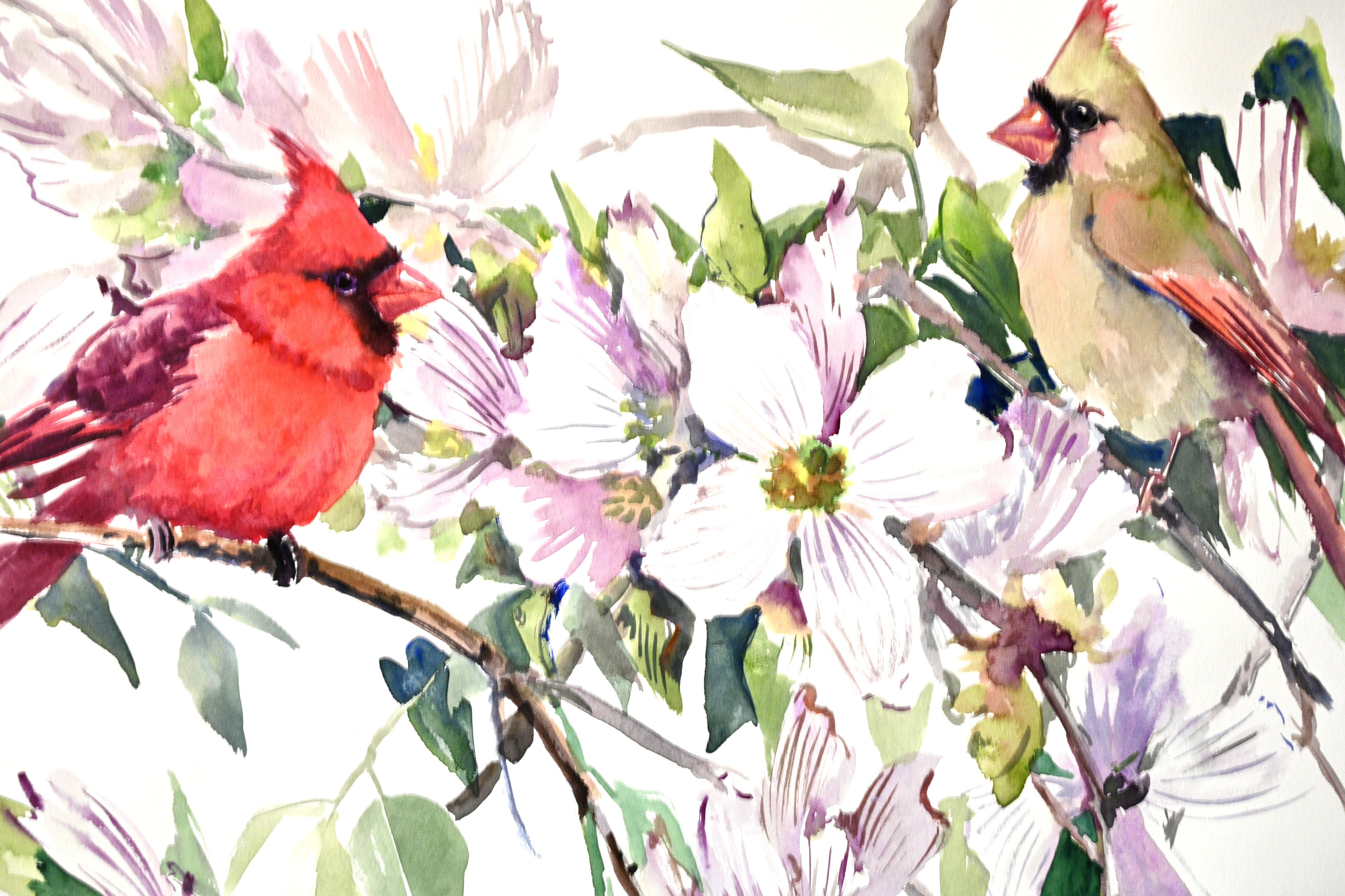 Cardinals and Dogwood, Original Painting - Art by Suren Nersisyan
