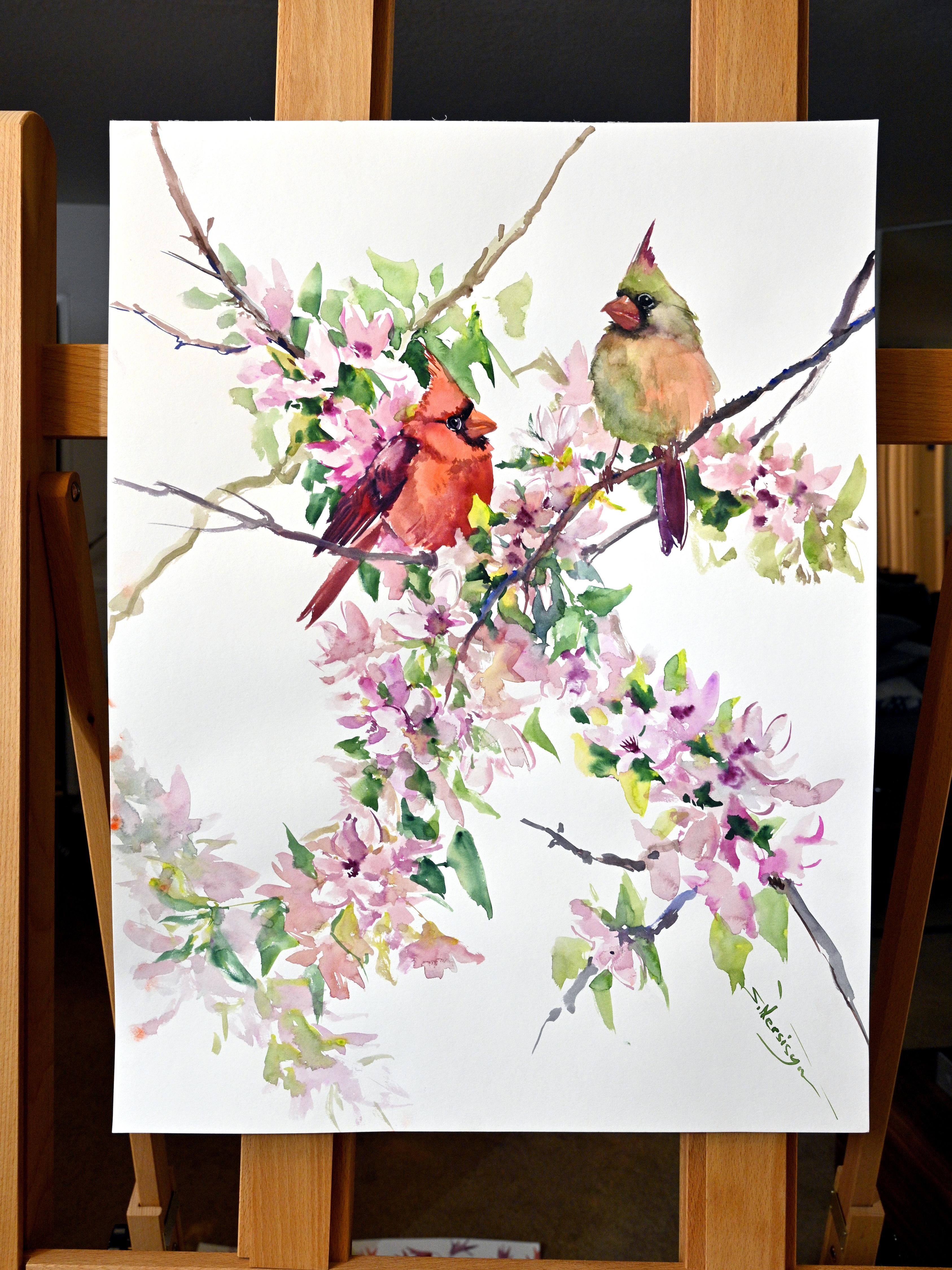 Cardinals and Cherry Blossom, Original Painting - Art by Suren Nersisyan