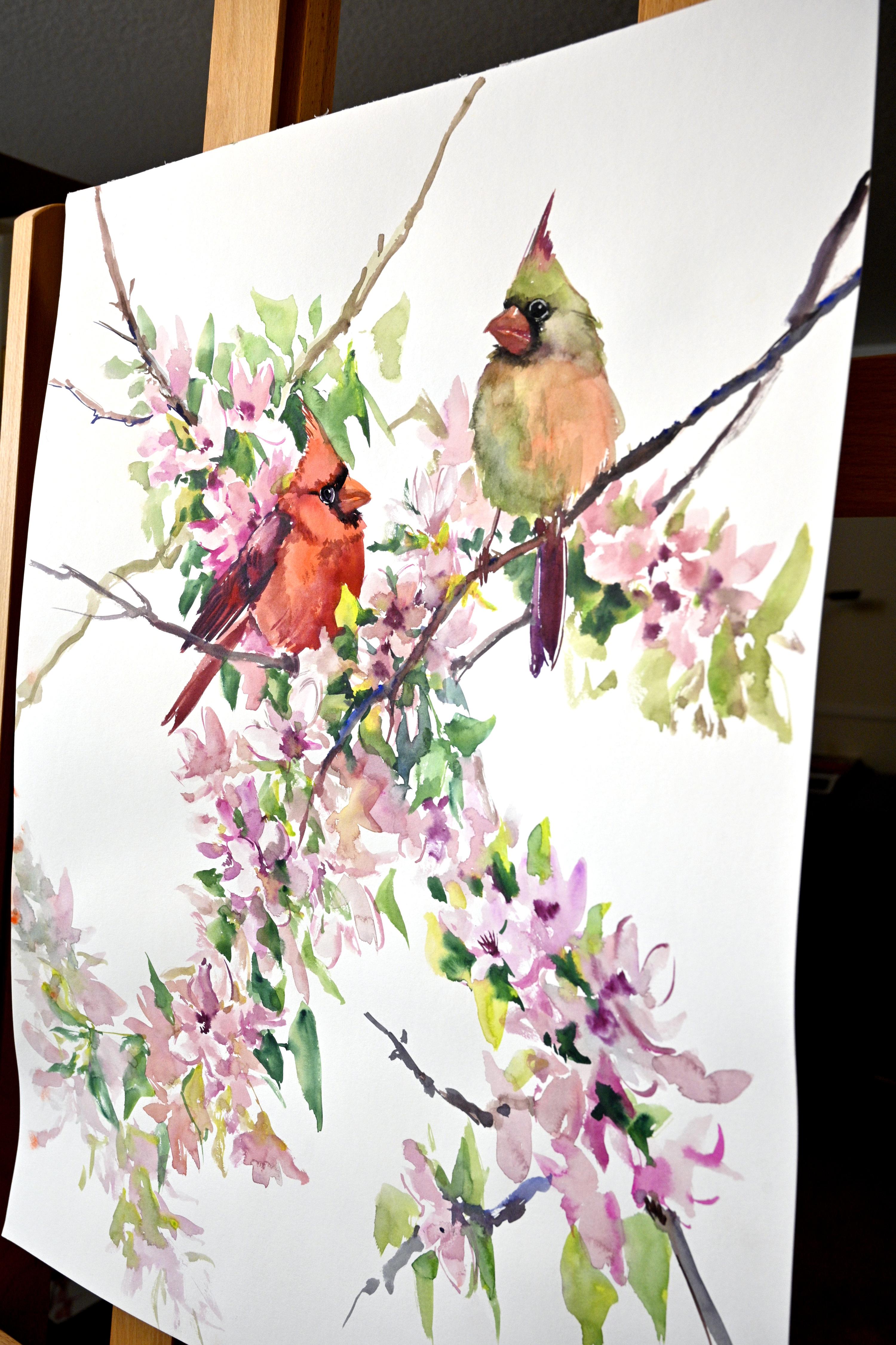 Cardenales y cerezos en flor, Pintura original - Animal Art Beige de Suren Nersisyan
