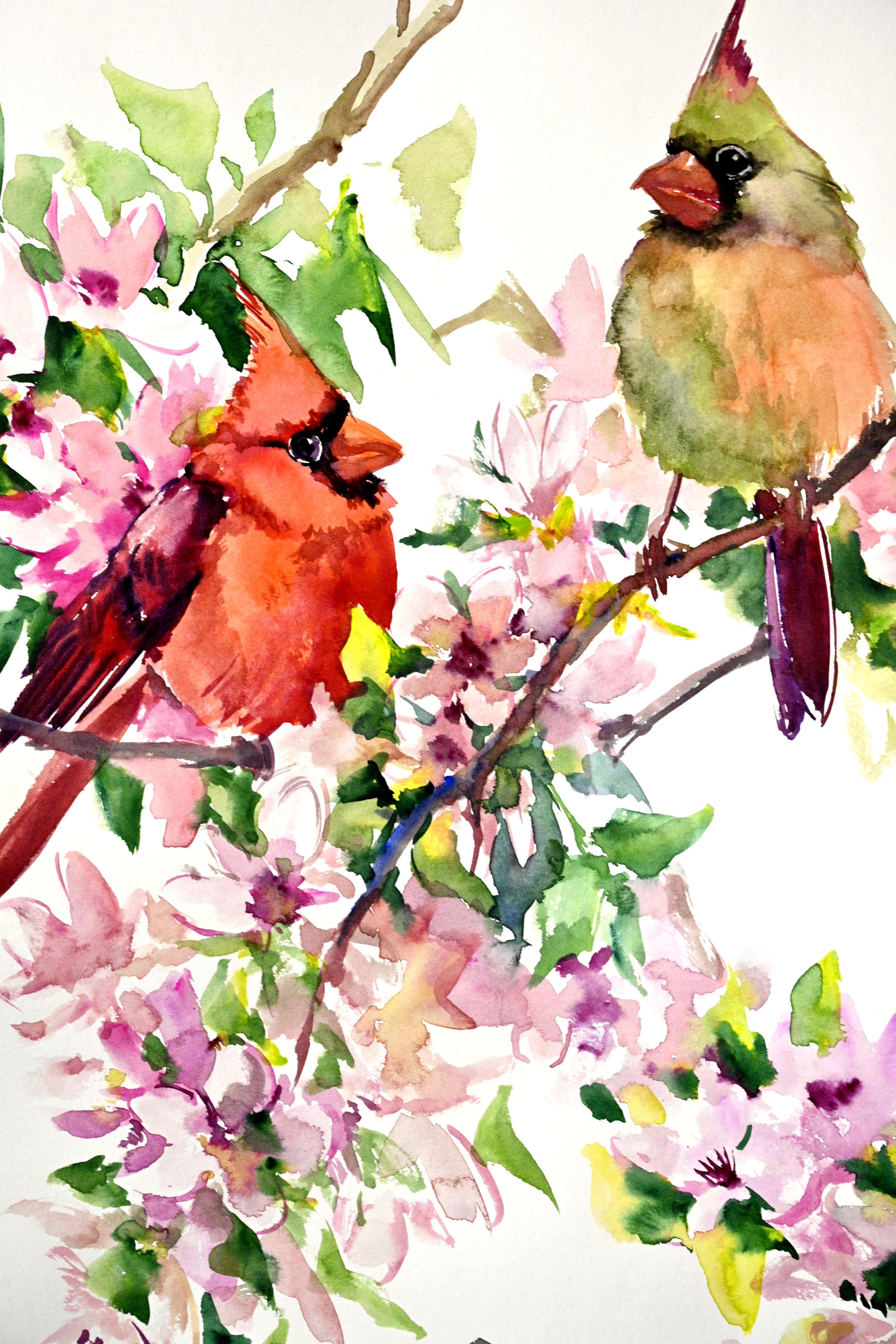 <p>Comentarios del artista<br />Dos cardenales se reúnen entre delicadas flores de cerezo. El rojo brillante, el rosa y el verde de la escena aportan dimensionalidad y recuerdan la vitalidad de la primavera. Forma parte de la serie 