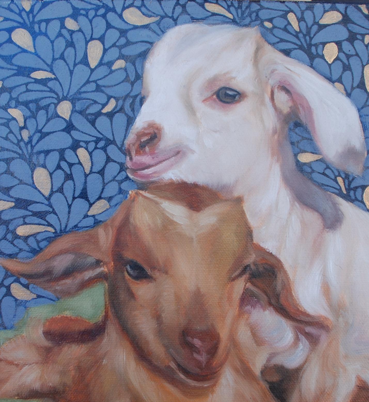 Baby Goats, Oil Painting - Gray Animal Painting by Dana Aldis