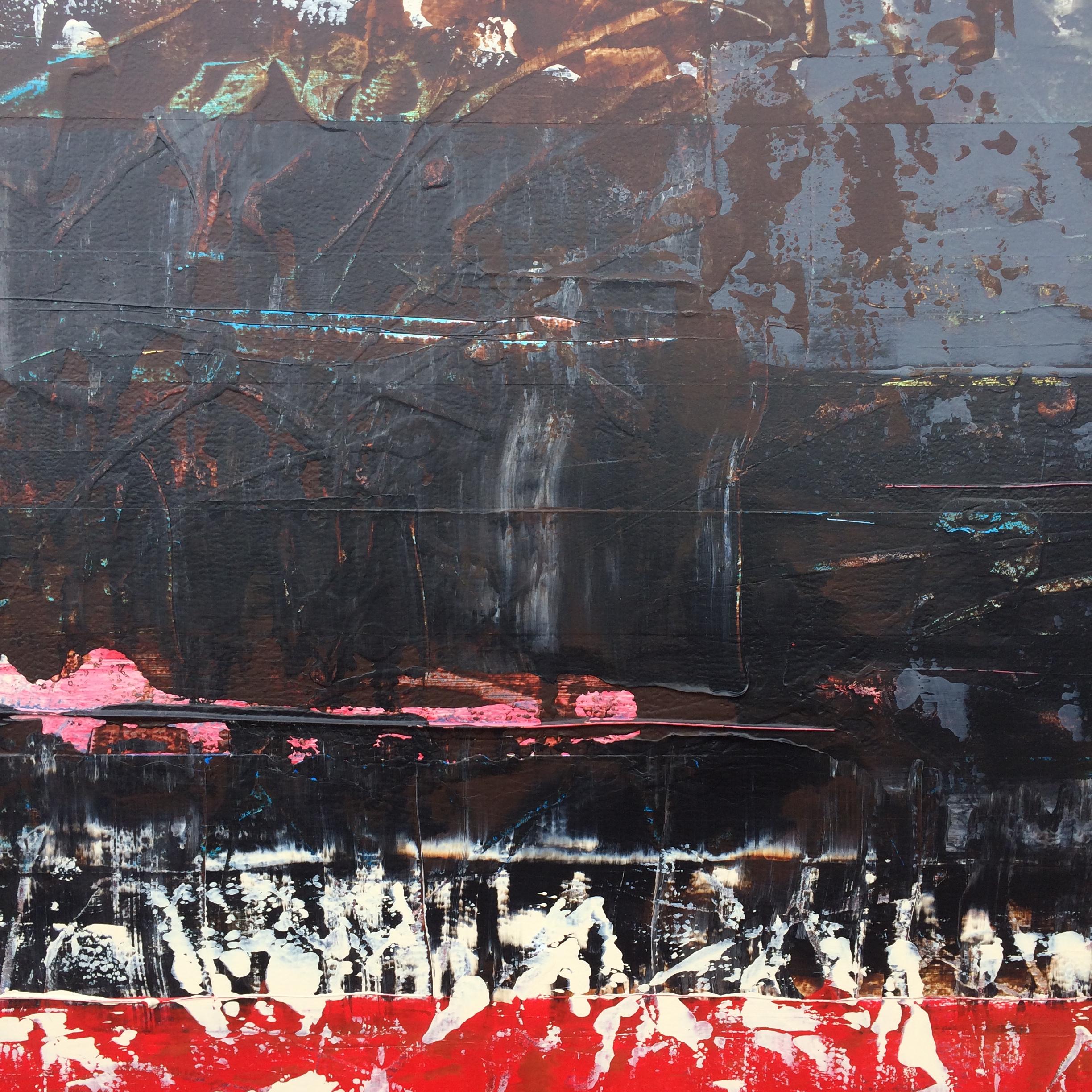 <p>Artist Comments<br />A modernist composition in many layers of red, black and cream over obscured blue, pink, green, yellow and white. Gary intuitively applied the paint with bits of tape and other found material to build up the surface texture
