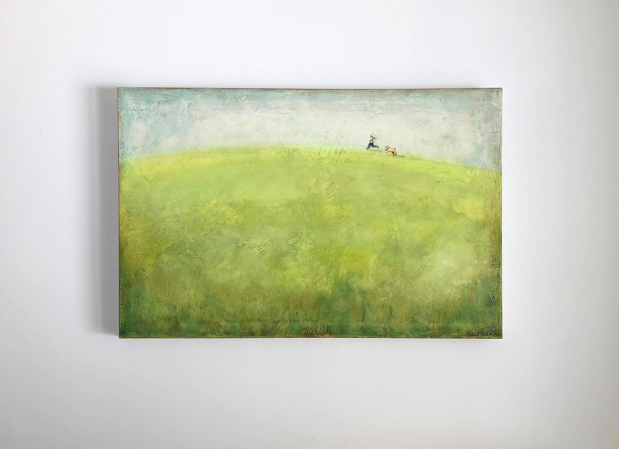<p>Artist Comments<br />A little girl runs across a grassy hill, her golden retriever puppy in tow. An uplifting scene illustrating the exuberance, adventures and bright future of childhood. 