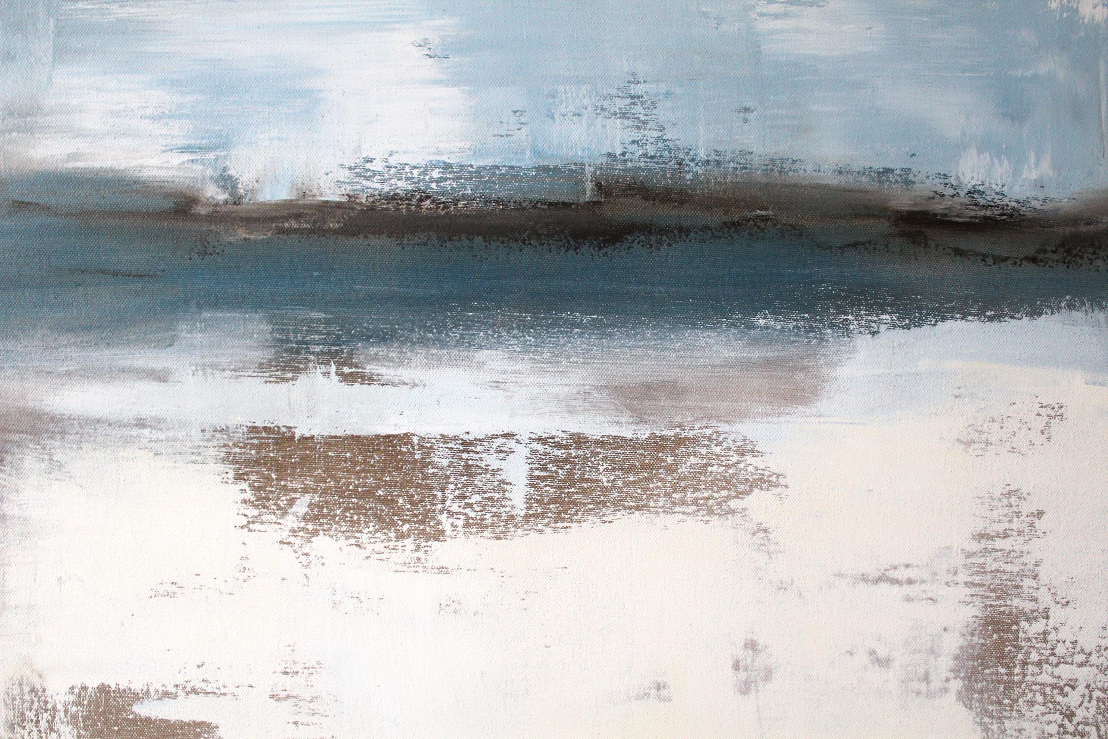 <p>Artist Comments<br />An abstracted vision of winter, in white, cream, taupe and blues. A distant horizon line reflects the sliver of soft sky, overcast clouds above and below. Drew says this minimalistic painting lends itself to many different