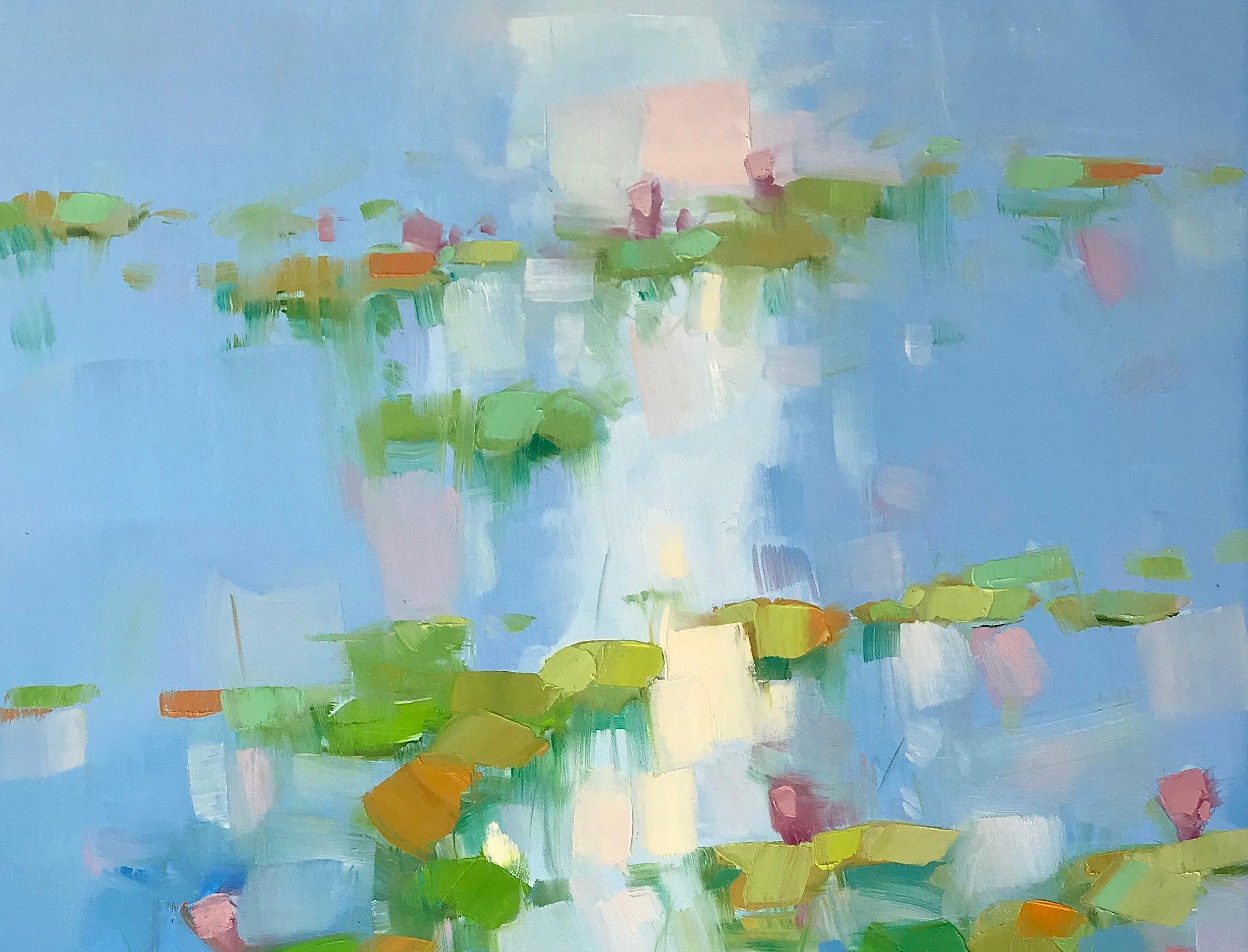 <p>Artist Comments<br />A contemporary impressionist water scene recalling Monet's waterlilies at Giverny. Soft light reflects on the surface of the pond, scattered warm yellow through the cool blues and greens. Part of Vahe's long-running series of