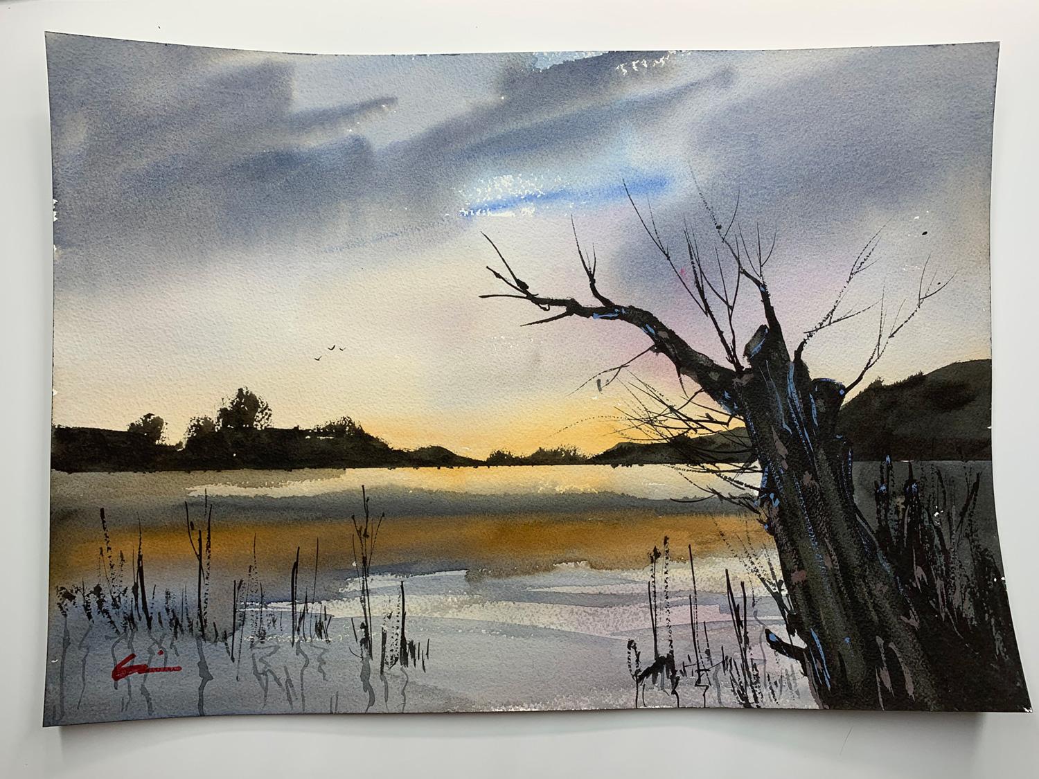 <p>Artist Comments<br />Posey says he loves to fish in country ponds, deep in nature and surrounded by old trees. A gnarled old tree stands at the edge of the water and watches the sun rise on the distant horizon. The warm yellow-orange light slowly