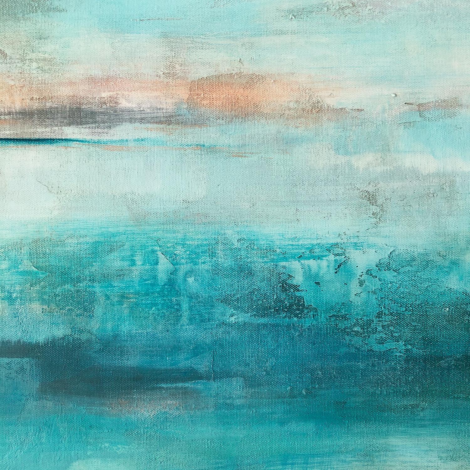 <p>Artist Comments<br />A calm, abstract seascape looking out over an expanse of water at sunrise. Atmospheric turquoise blues fill the scene, with the first band of peach and red light on the horizon. 