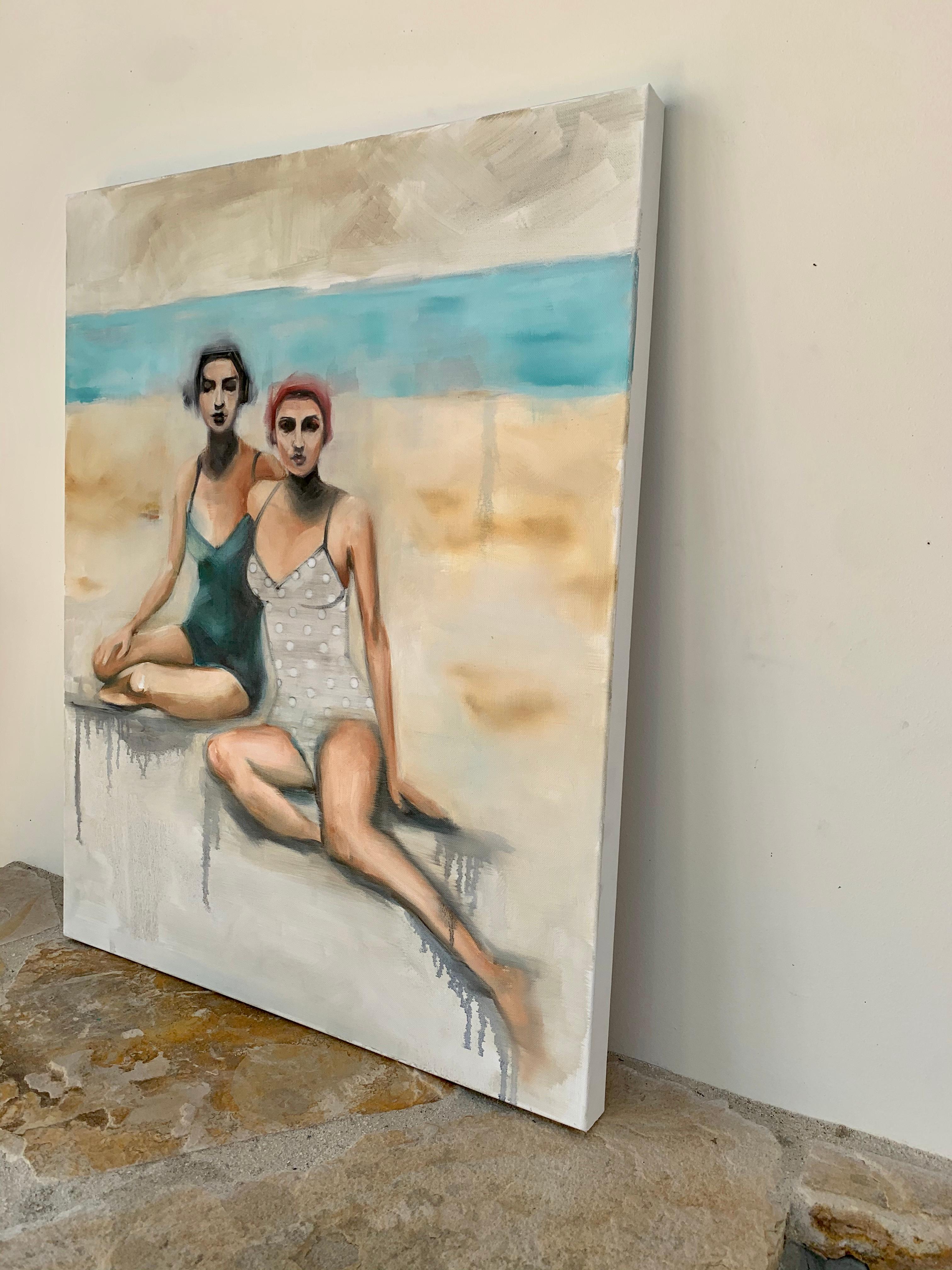 Distant Shores, Oil Painting - Beige Figurative Painting by Malia Pettit