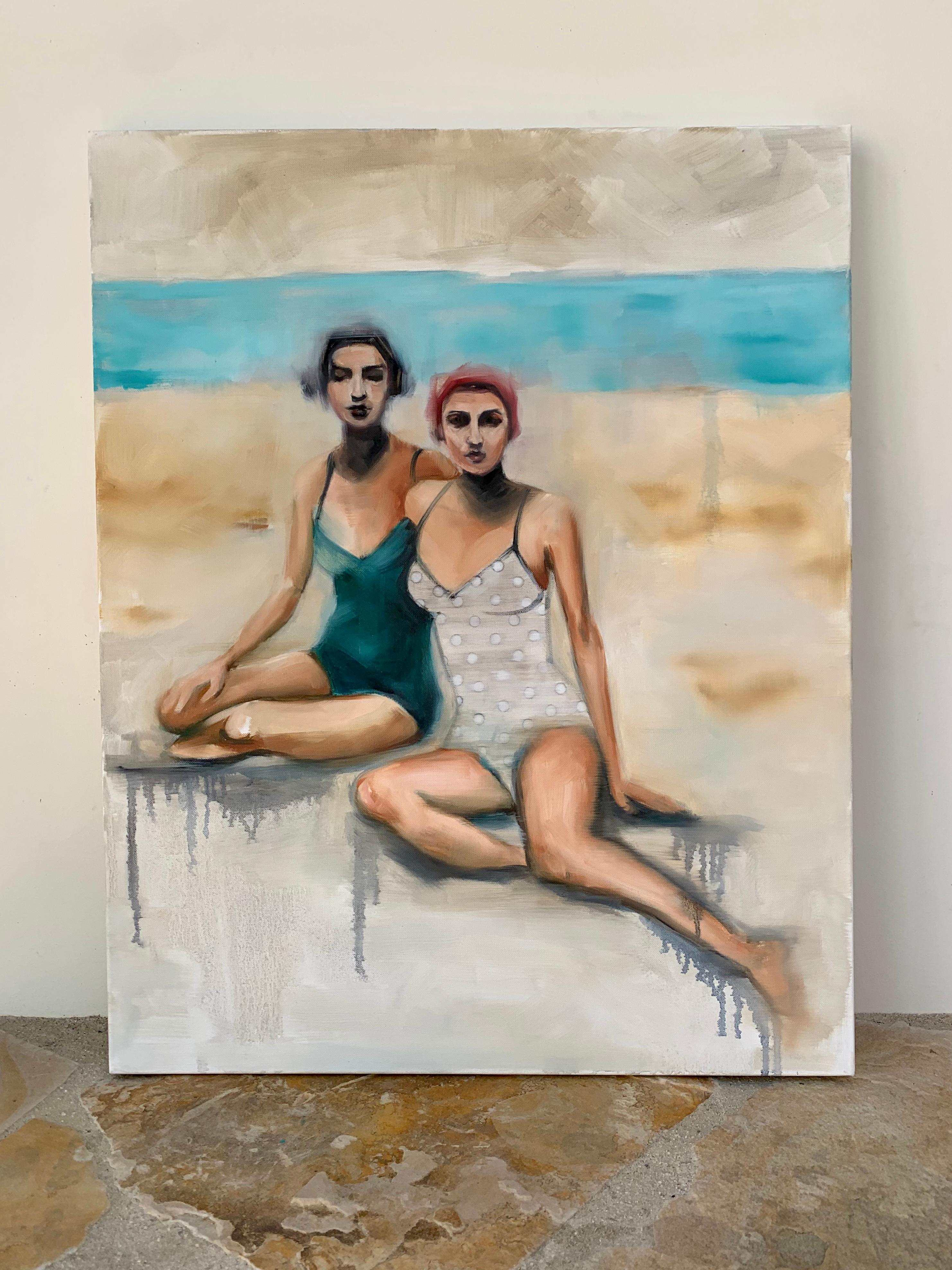 <p>Artist Comments<br />Two models in vintage bathing suits, one with a red swim cap, pose together on a sandy beach. 