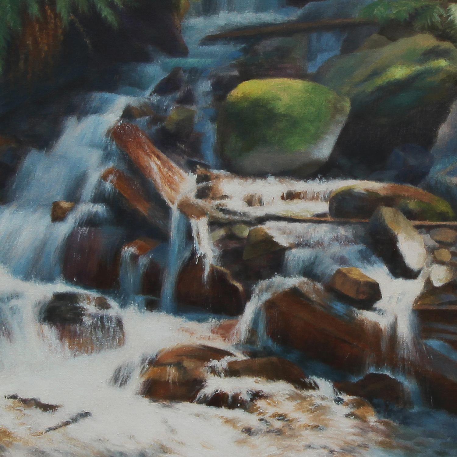 Swift Water, Oil Painting - Black Landscape Painting by Jo Galang