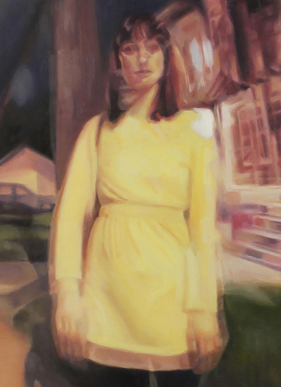 <p>Comentarios del artista<br />Una escena misteriosa que representa a una mujer con un vestido amarillo en un paisaje nocturno distorsionado. Con una calle urbana de la ciudad natal del artista, la perspectiva de ojo de pez de este cuadro crea una