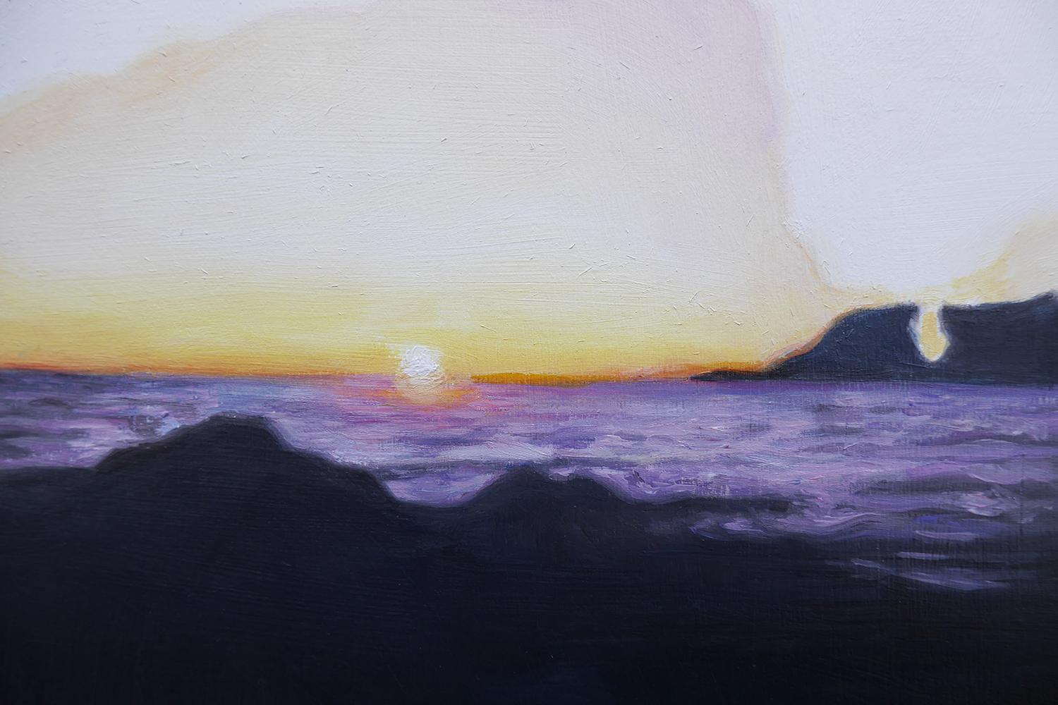 <p>Artist Comments<br />A sunset over a rocky coastline and luminous clouds rendered with a bold and graphic approach. The divergence between the clouds and the shoreline embody the discrepancy between real and unreal in memory and