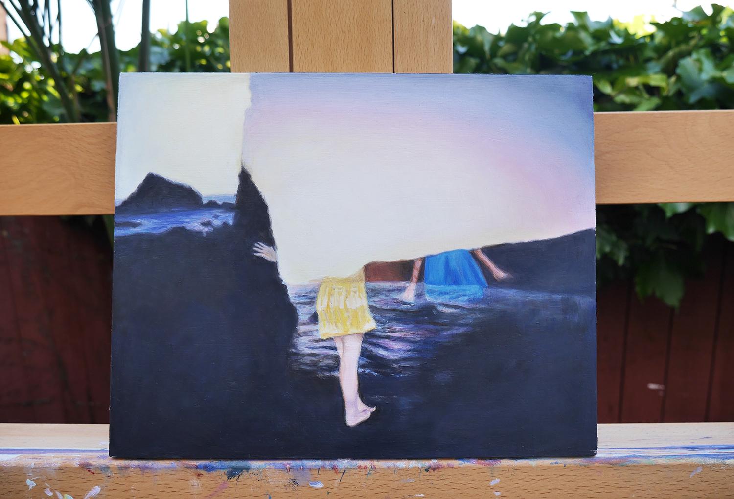 <p>Artist Comments<br />Two barefoot women explore a rocky coastline at sunset in this dreamlike and fragmented narrative. This painting gives visual expression to the idea of a partial and unstable memory, with some elements of clarity and