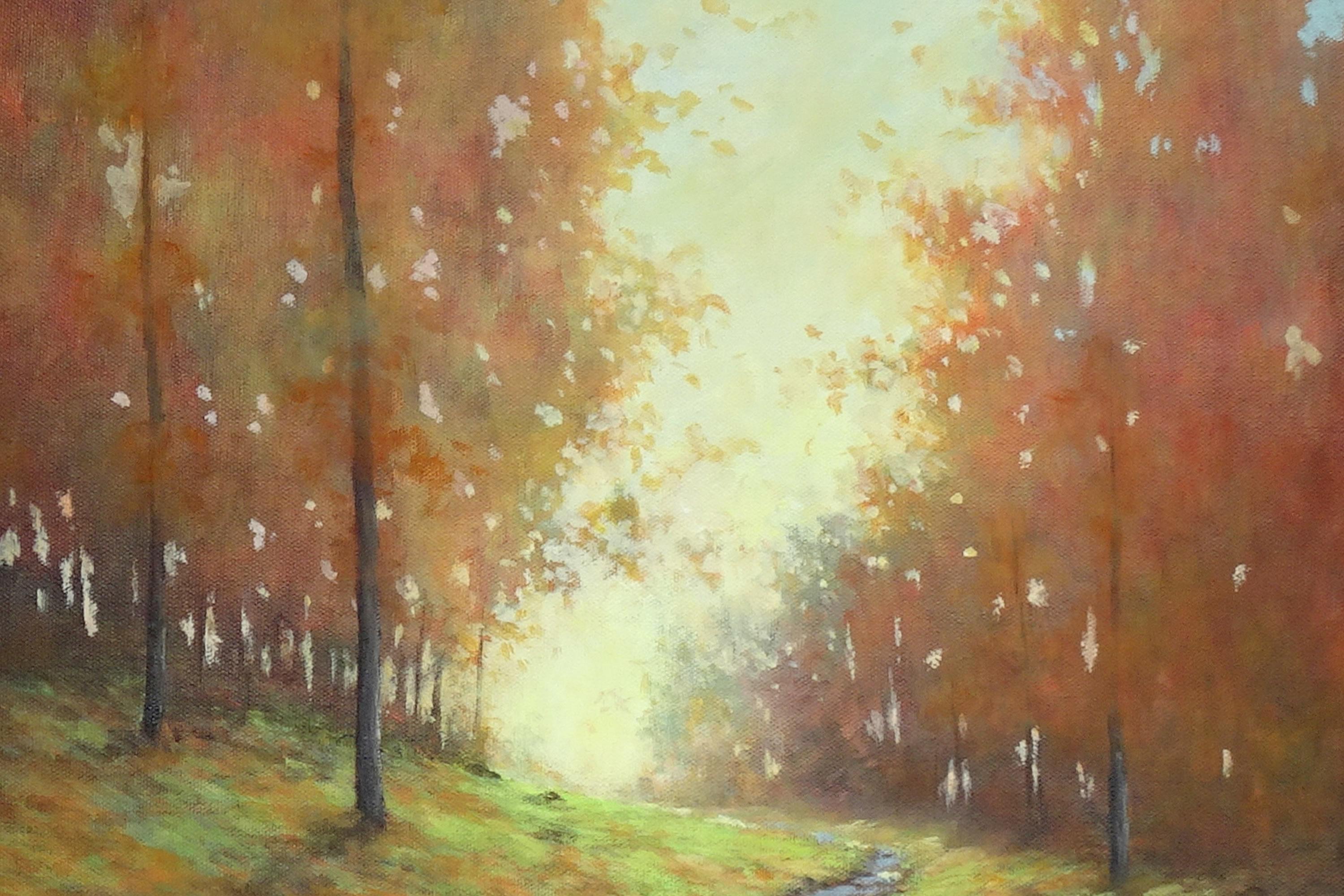<p>Artist Comments<br />A puddled hillside path reflects the sky's brilliant light just after an afternoon shower. The light gives the fall trees a soft backlit appearance. 