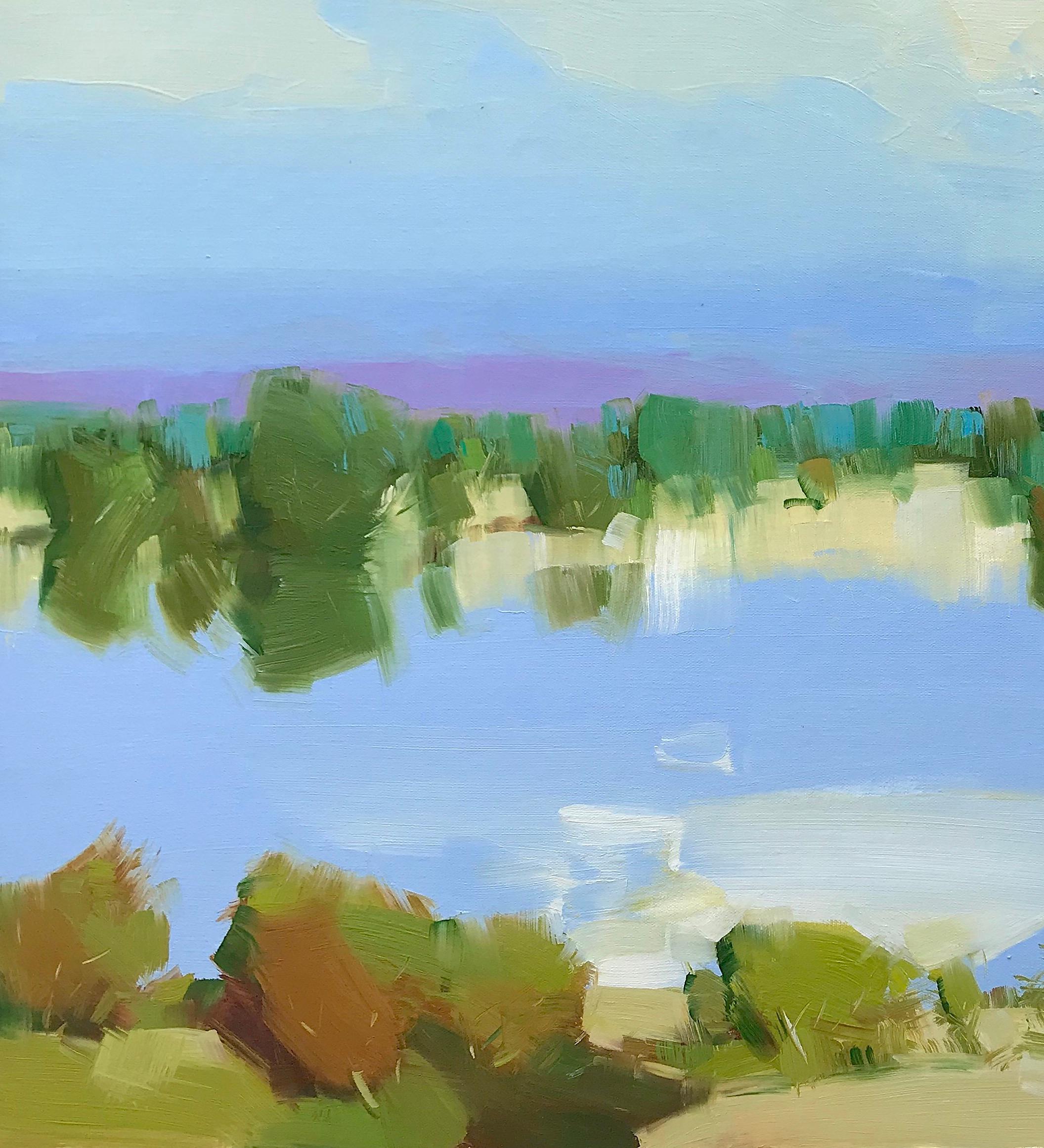 Lake View, Oil Painting - Blue Landscape Painting by Vahe Yeremyan