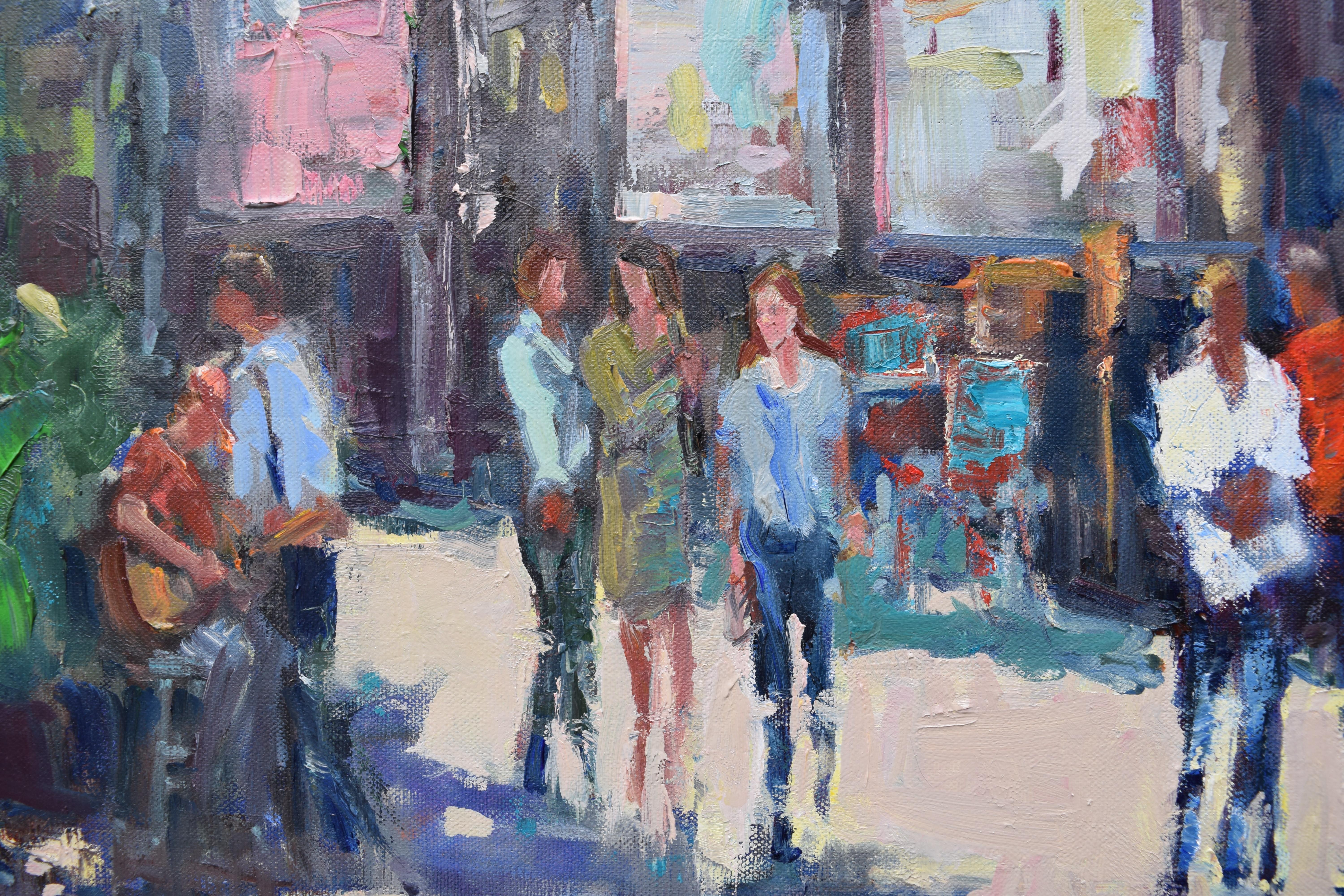 Corner Busker, Oil Painting - Abstract Impressionist Art by Mickey Cunningham