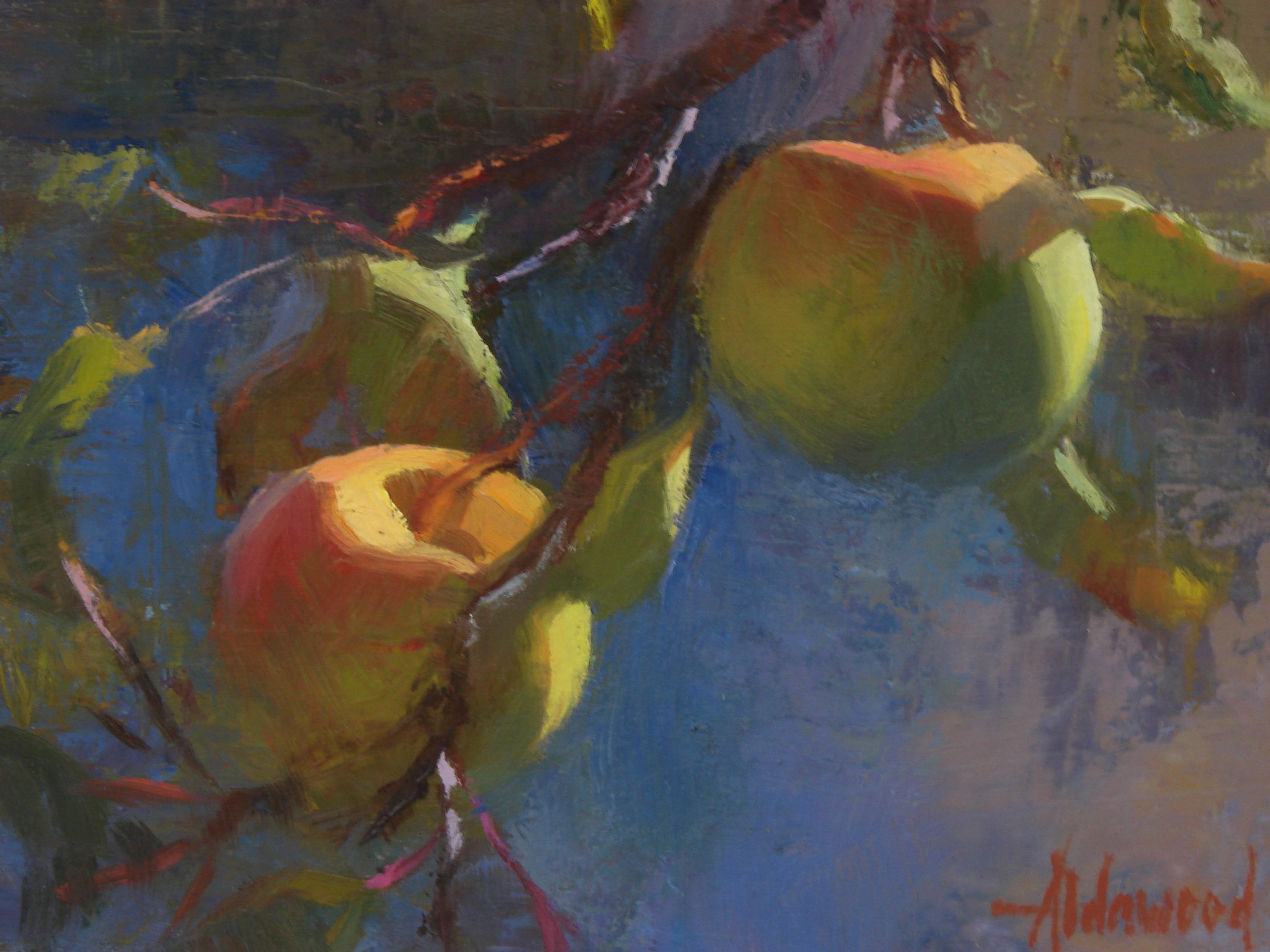 Apfeln im Sonnenlicht, Ölgemälde (Schwarz), Landscape Painting, von Sherri Aldawood
