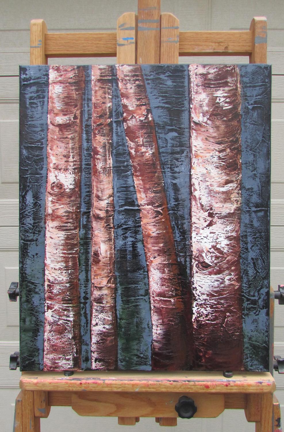 Quatre troncs de bouleau, peinture à l'huile - Painting de Valerie Berkely