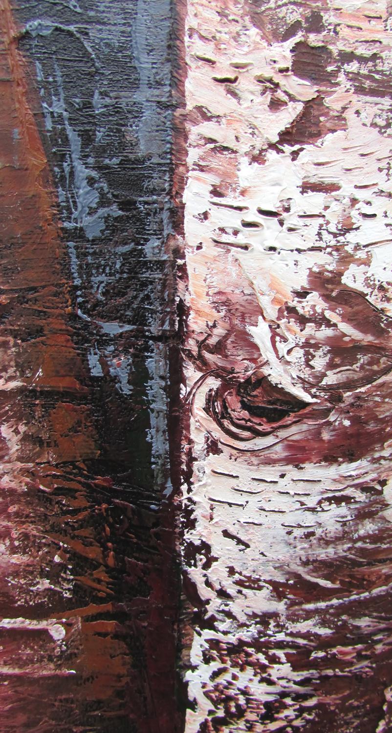 Quatre troncs de bouleau, peinture à l'huile - Gris Landscape Painting par Valerie Berkely