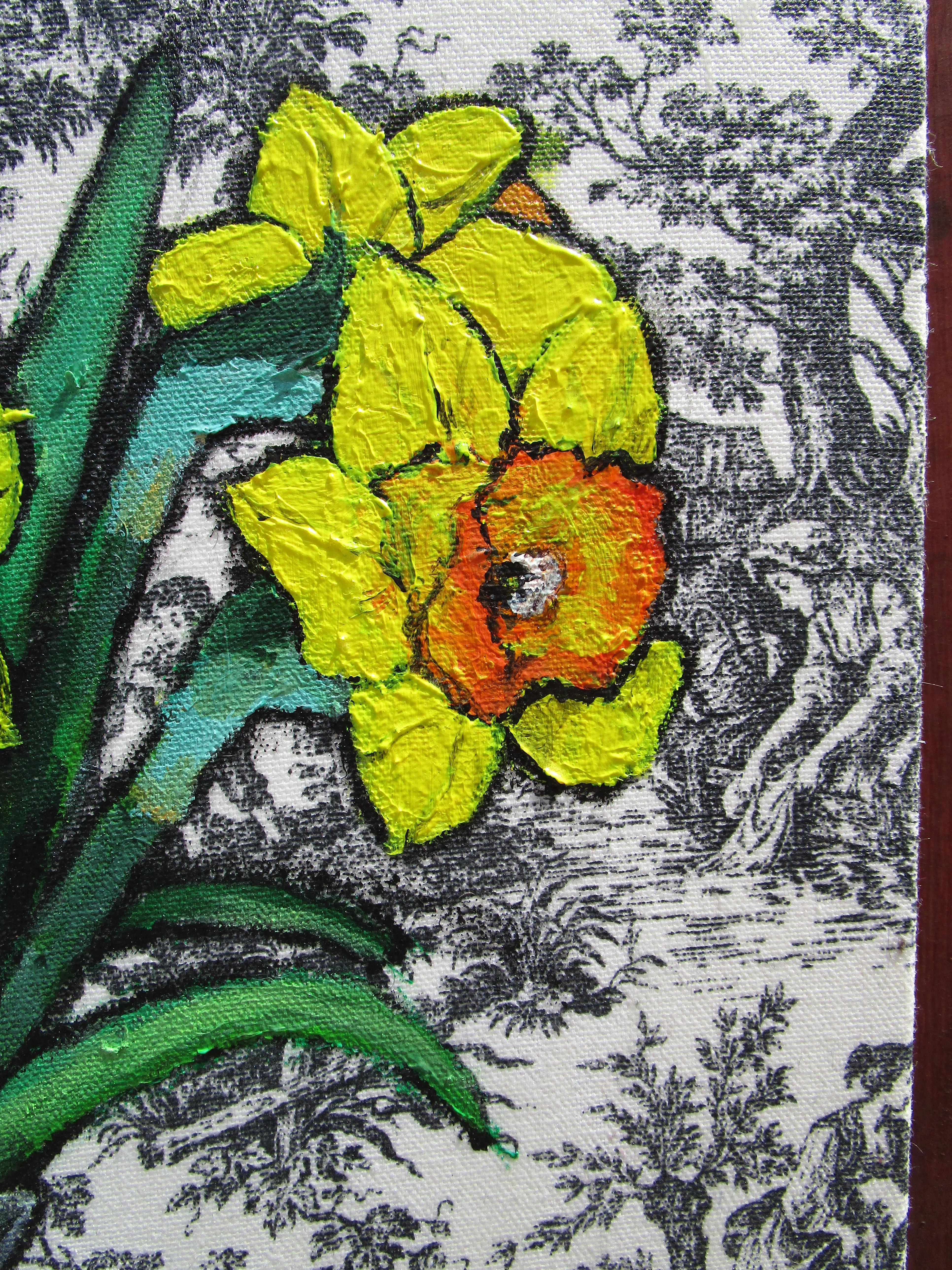 <p>Artist Comments<br />The artwork is acrylic paint on a canvas that has been wrapped with a printed cotton fabric (toile). Daffodils was one of my earliest attempts in this style.</p><br /><p>About the Artist<br />Greg’s unique take on floral