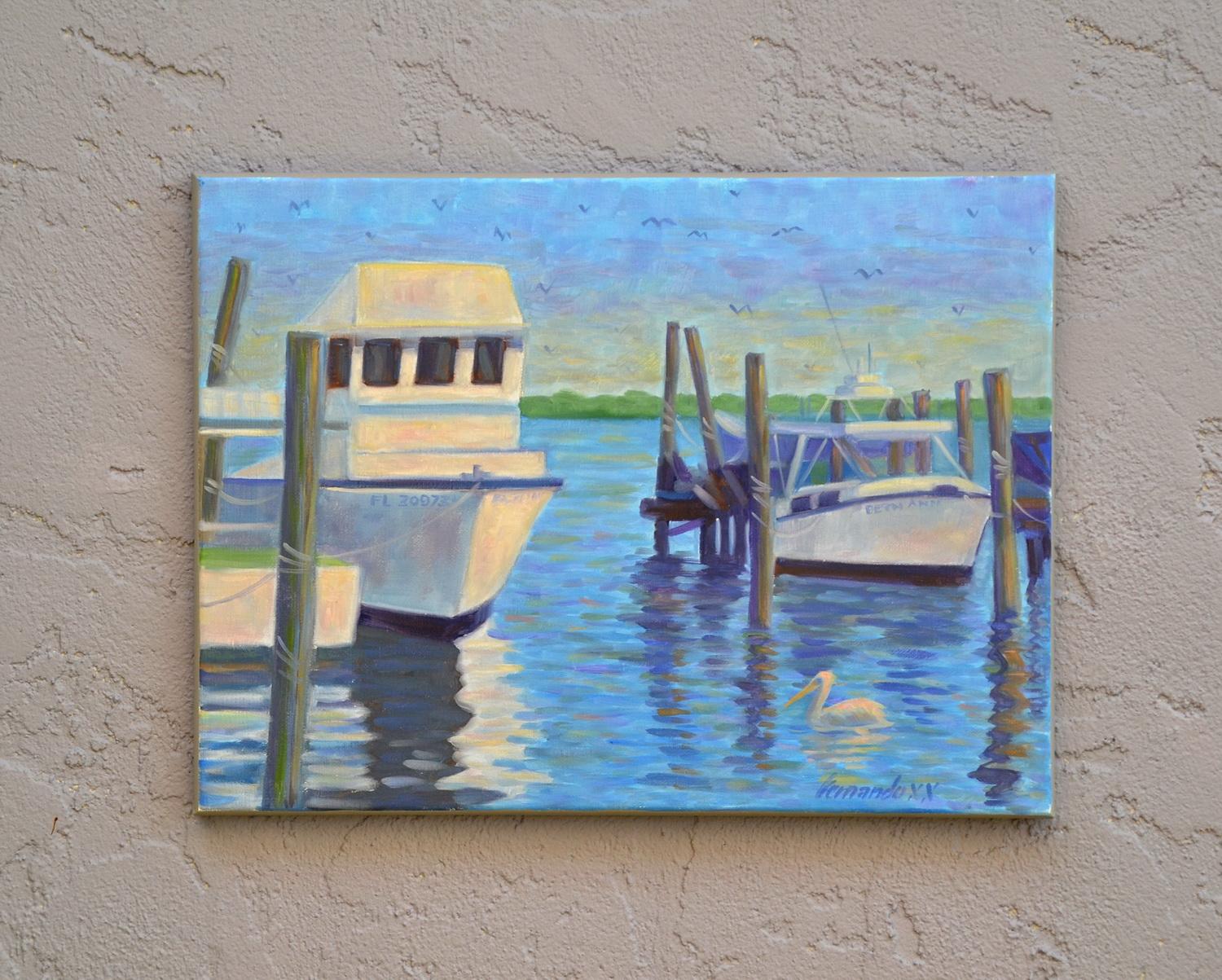 <p>Artist Comments<br />Lolita sits at the Cortez Village Marina after a day's work on the rolling waters of the Gulf of Mexico. The water ripples in purples, blues and green, reflecting the delicate sunset light. Part of Fernando's signature series
