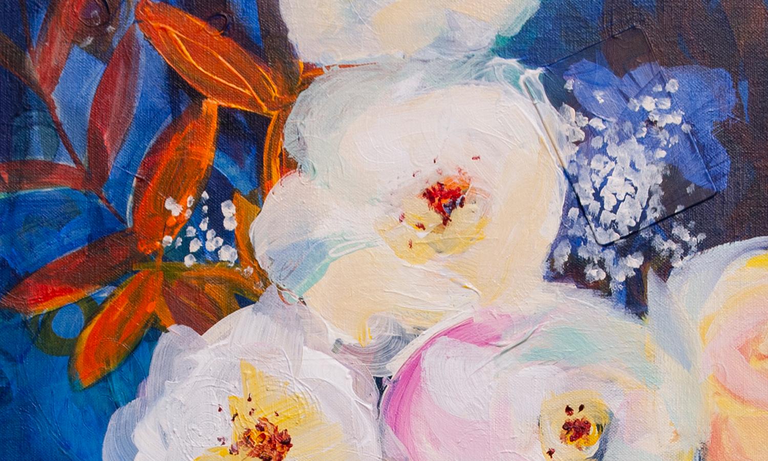 <p>Artist Comments<br />Soft, cloud-like flowers intermingle in a rust red vase. Ruth-Anne developed depth in the blossoms with layers of pastel yellow, pink and teal, set off with the deep blue backdrop.</p><br /><p>About the Artist<br />Ruth-Anne