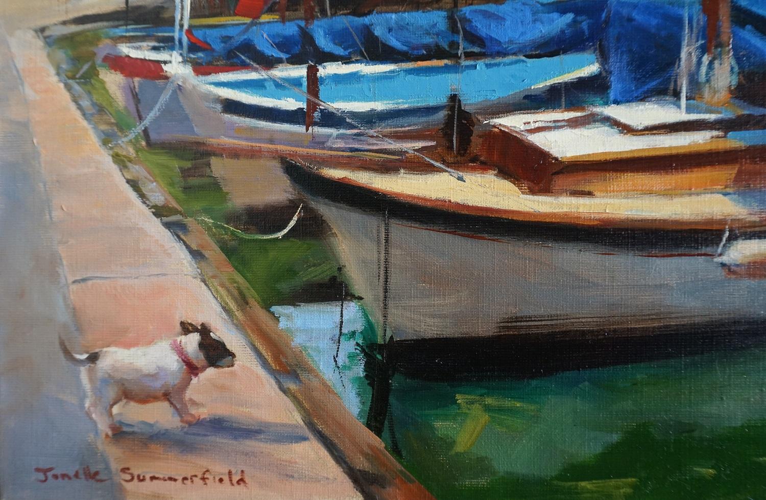 <p>Artist Comments<br />A summer afternoon in the harbor in Cassis, France. The angled line of the dock draws the eye back to the buildings perched on the bluffs overlooking the ocean. Jonelle says the puppy in the foreground was very tempted to go