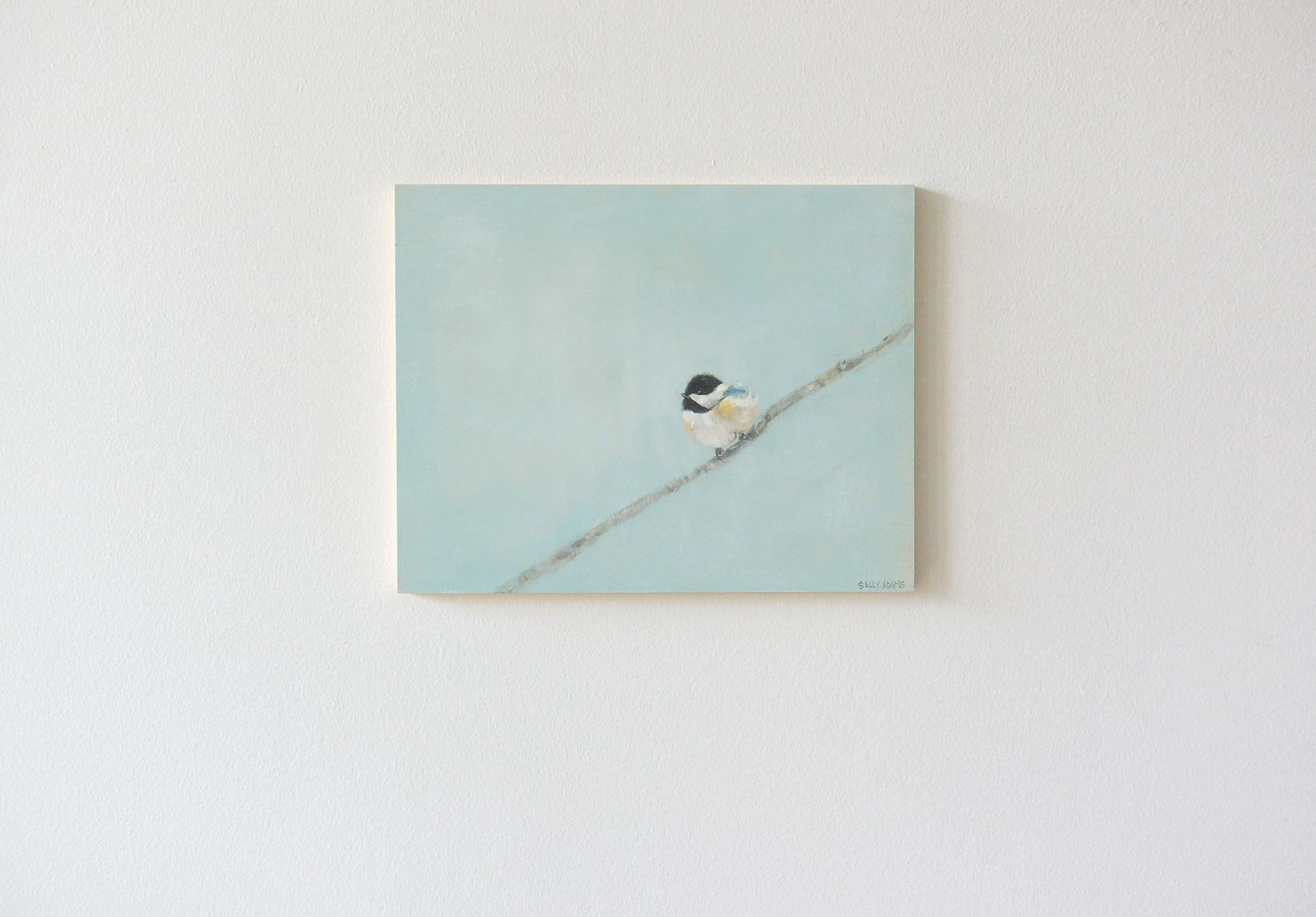 <p>Artist Comments<br />Part of a series of small scale works illustrating the birds near Sally's home. She says this baby chickadee was all tucked in, keeping warm on a spare branch. Sally focused on the soft features of the bird highlighted
