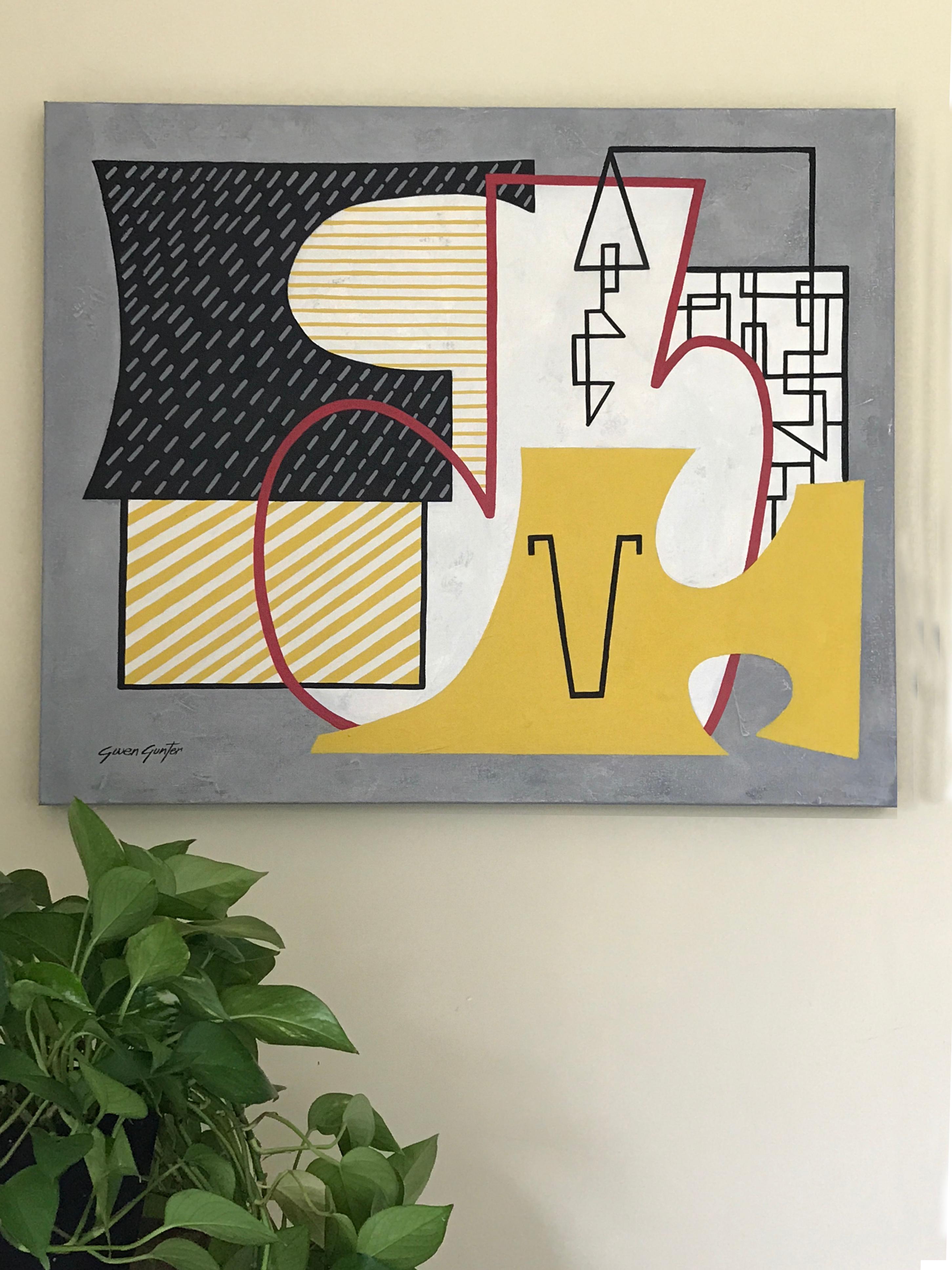<p>Artist Comments<br />Artist Gwen Gunter explains that the shapes and lines in this modernist painting form a structure that reflects the building of a safe home base. Strong, anchoring forms constructed in a simple, assuring palette lend the