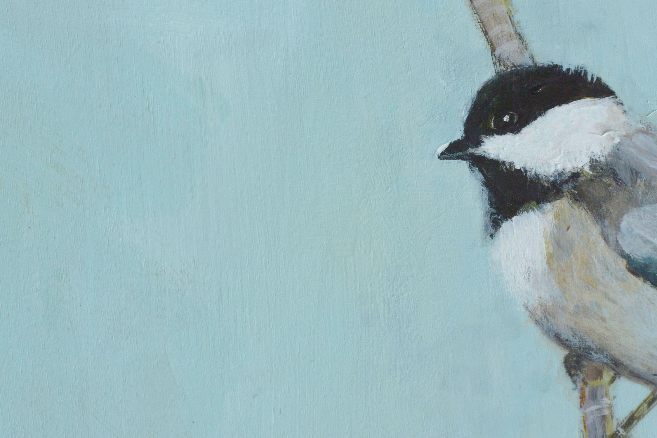 <p>Artist Comments<br />Part of a series of small scale works illustrating the birds near Sally's home. She spotted this chickadee posing on a branch and focused on its delicate features highlighted against the turquoise sky.</p><br /><p>About the