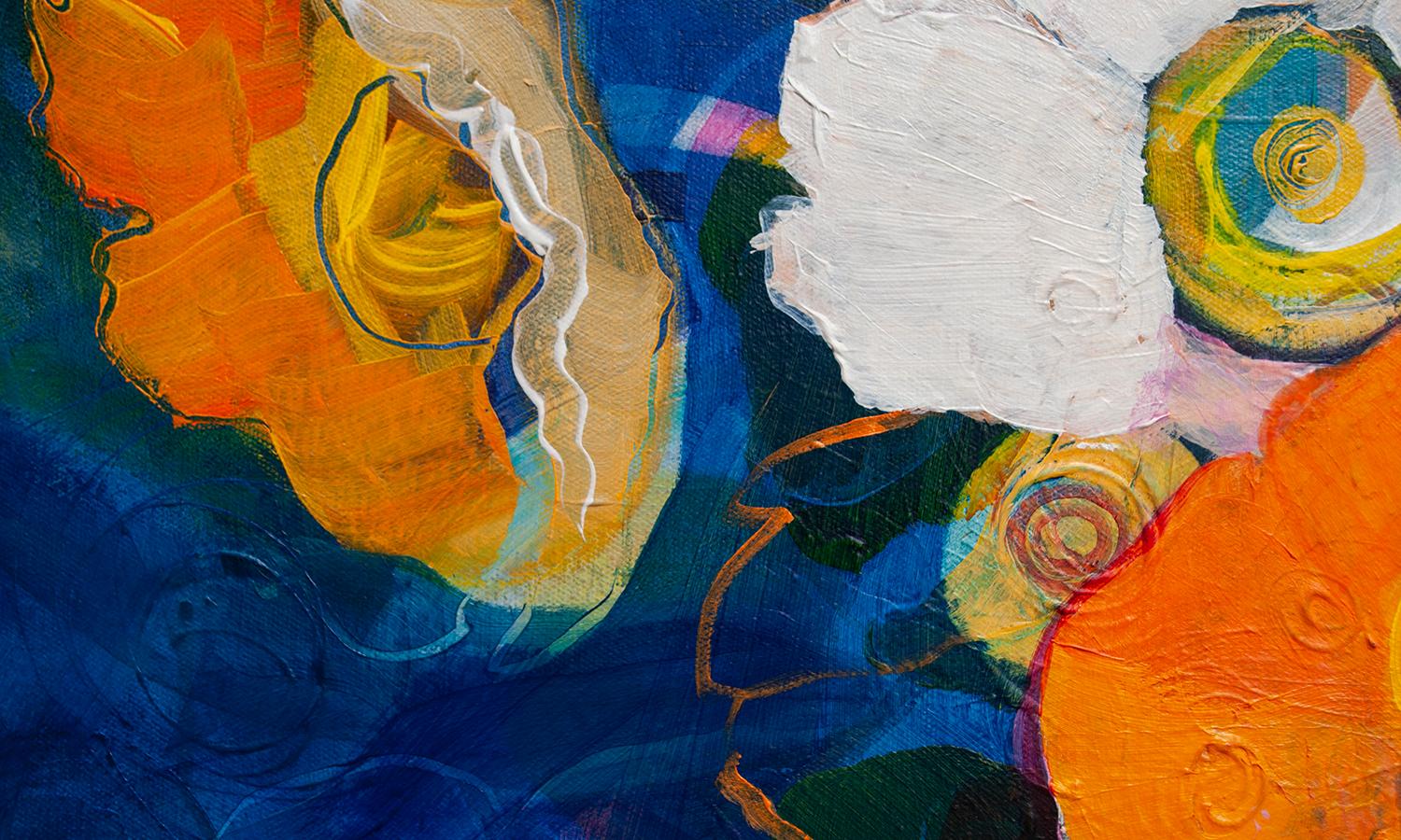 <p>Artist Comments<br>Bright yellow-orange poppies dance on a saturated blue background. Ruth-Anne built up the composition in many layers, resulting in focal points at different depths. 