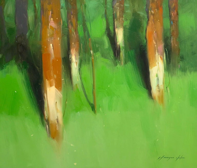 Forest Side, Oil Painting - Green Landscape Painting by Vahe Yeremyan