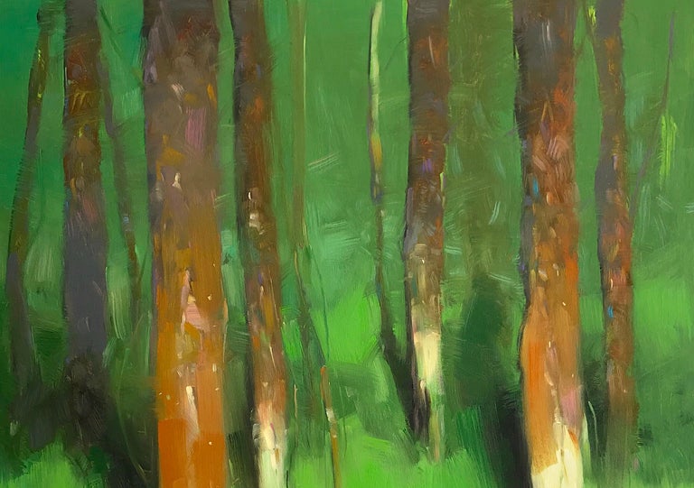 <p>Artist Comments<br>A stand of birch trees in autumn afternoon light. Orange-brown, purple and blue trunks against a bright green forest floor. This painting is part of Vahe's long-running series of forest scenes. Following in the tradition of the
