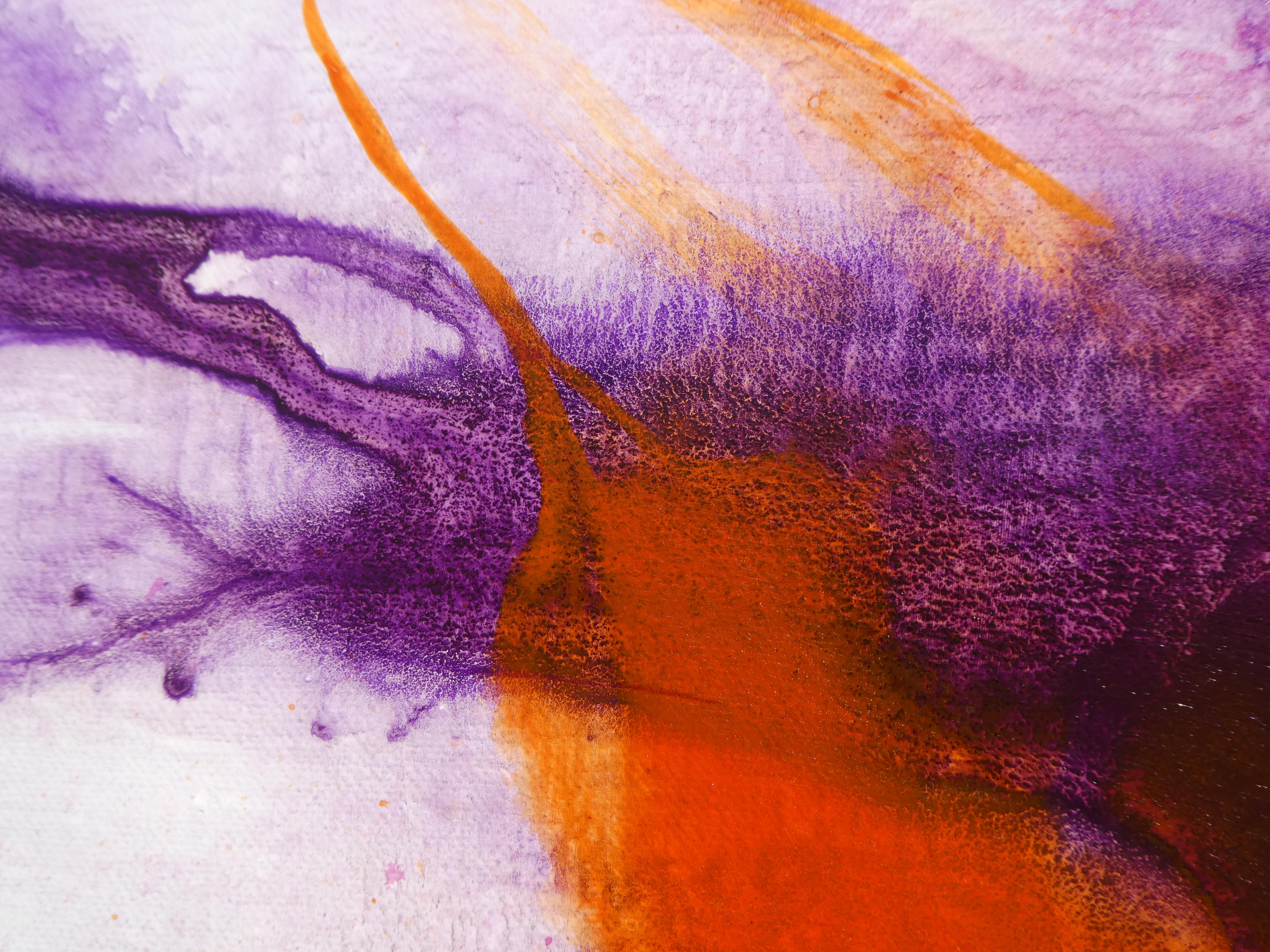 <p>Artist Comments<br />The vibrant purple and orange of sunset often ripples like fire and smoke when reflected in the moving waters of the wetlands.  I recreated the sunset's river of colors using multiple raw and controlled pours of transparent