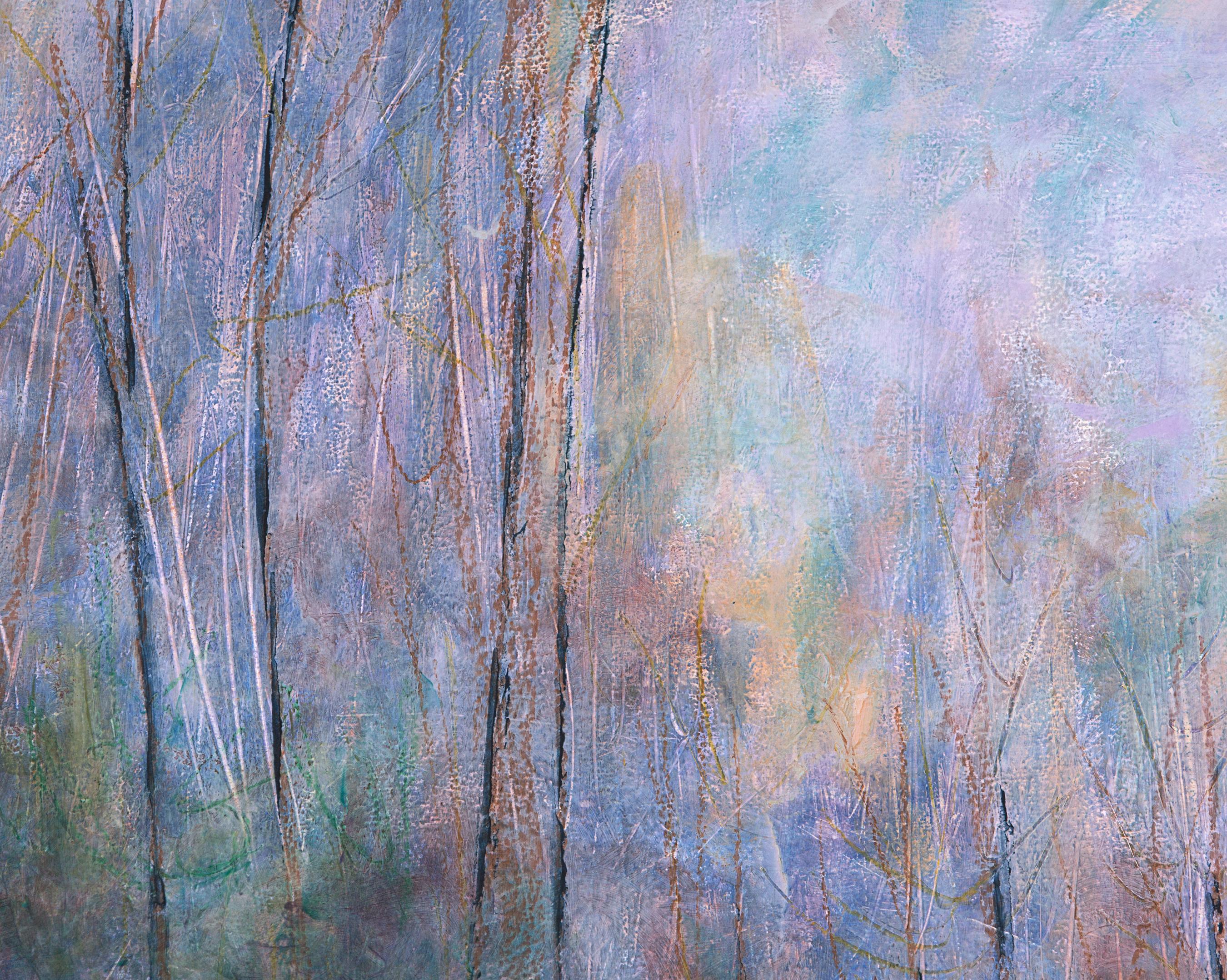 <p>Artist Comments<br />I used my finger tips to apply many layers of translucent cool colors in oil and wax. There is a softly calm feeling to the quiet distance of the winter trees in the background while one sturdy pine comes forth. Hints of