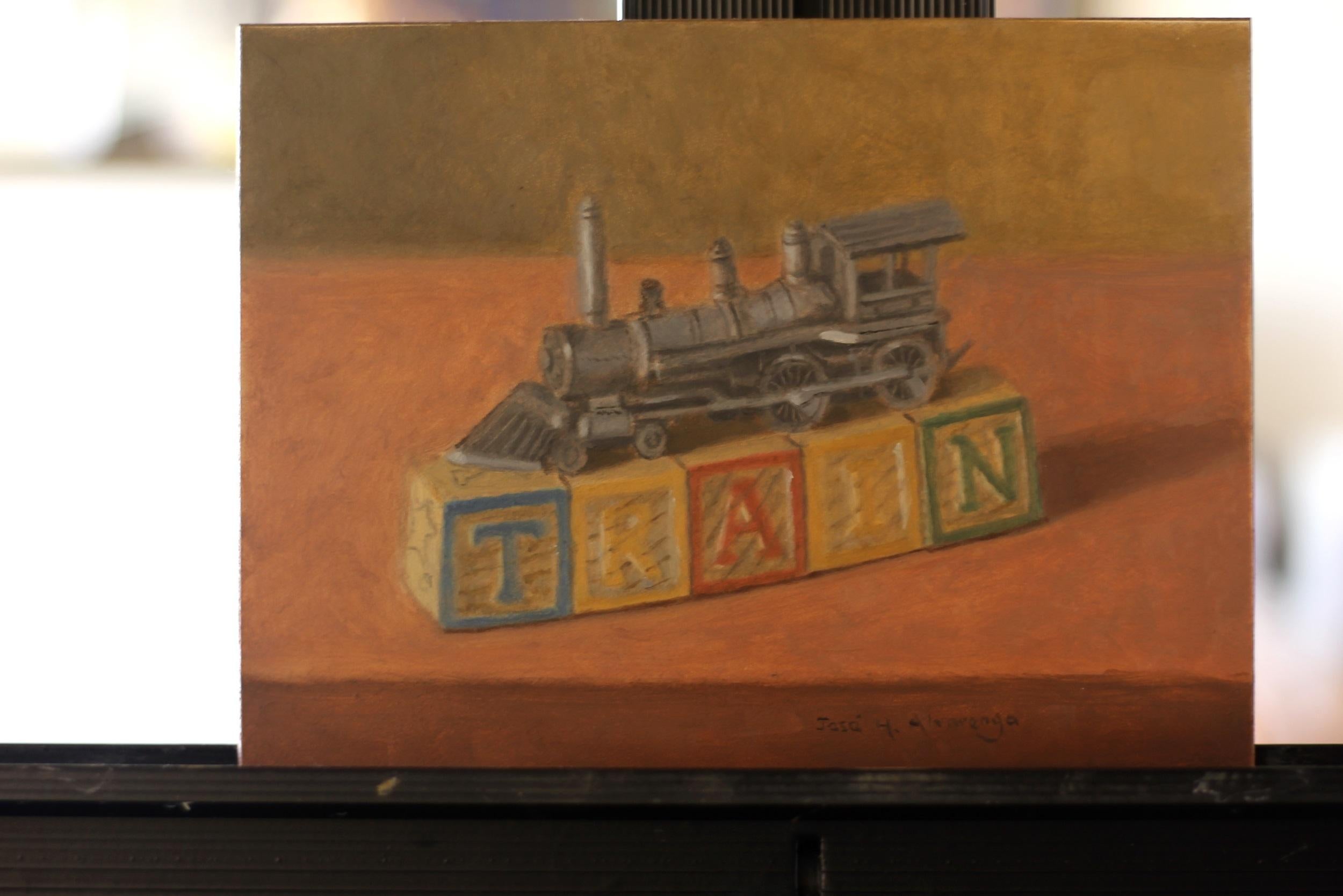 <p>Artist Comments<br />I found this small pewter train and the wooden blocks in a thrift store and knew right away they will be great subjects for a painting.  I love the many details the pewter train has. This painting is on masonite board and