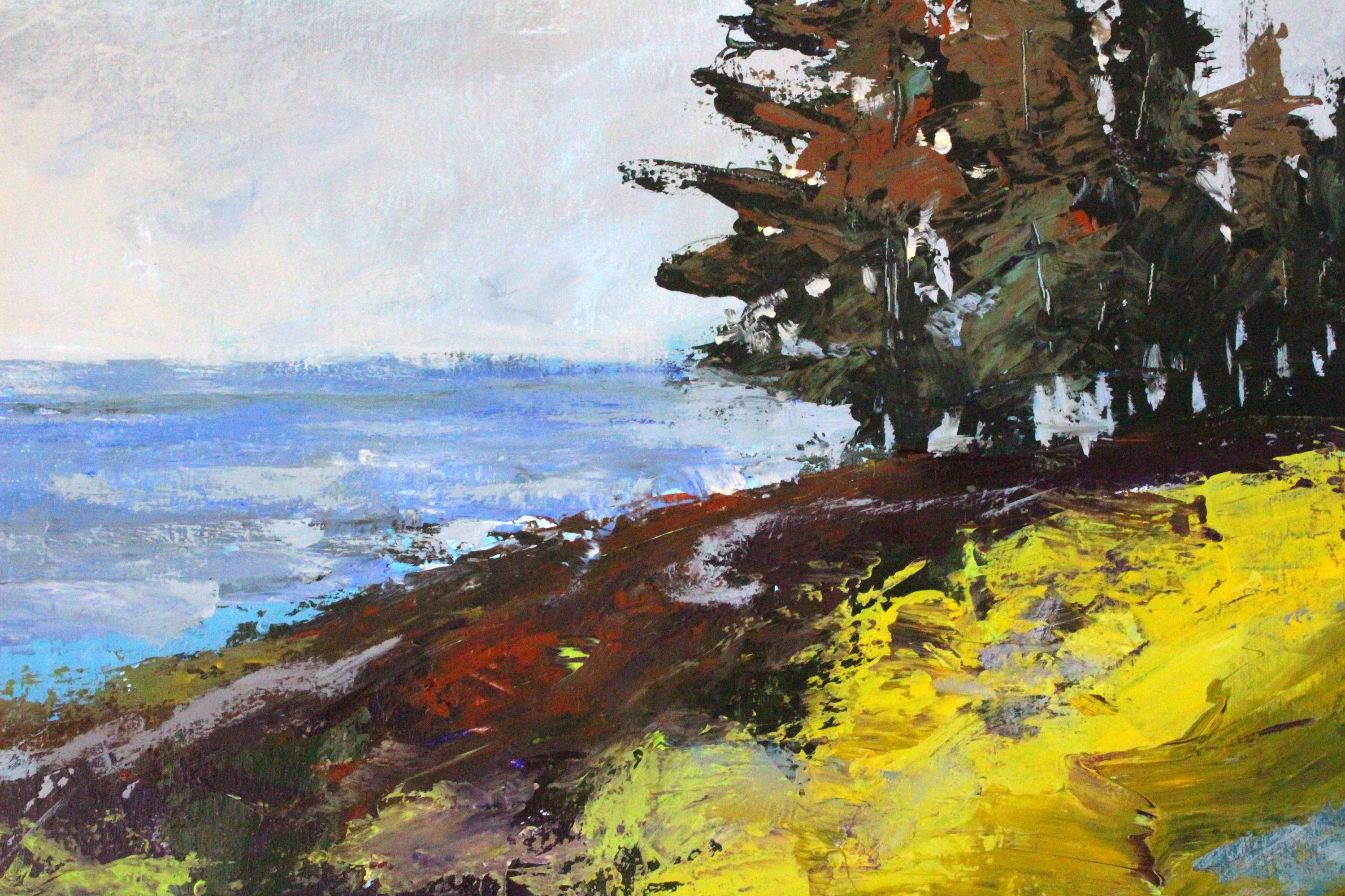 <p>Artist Comments<br />The Strait of Juan de Fuca in Washington State provided the inspiration for this semi-abstract landscape painting. A rugged shoreline, a stand of evergreen trees, and the blue of water and sky support the design. Cool shades