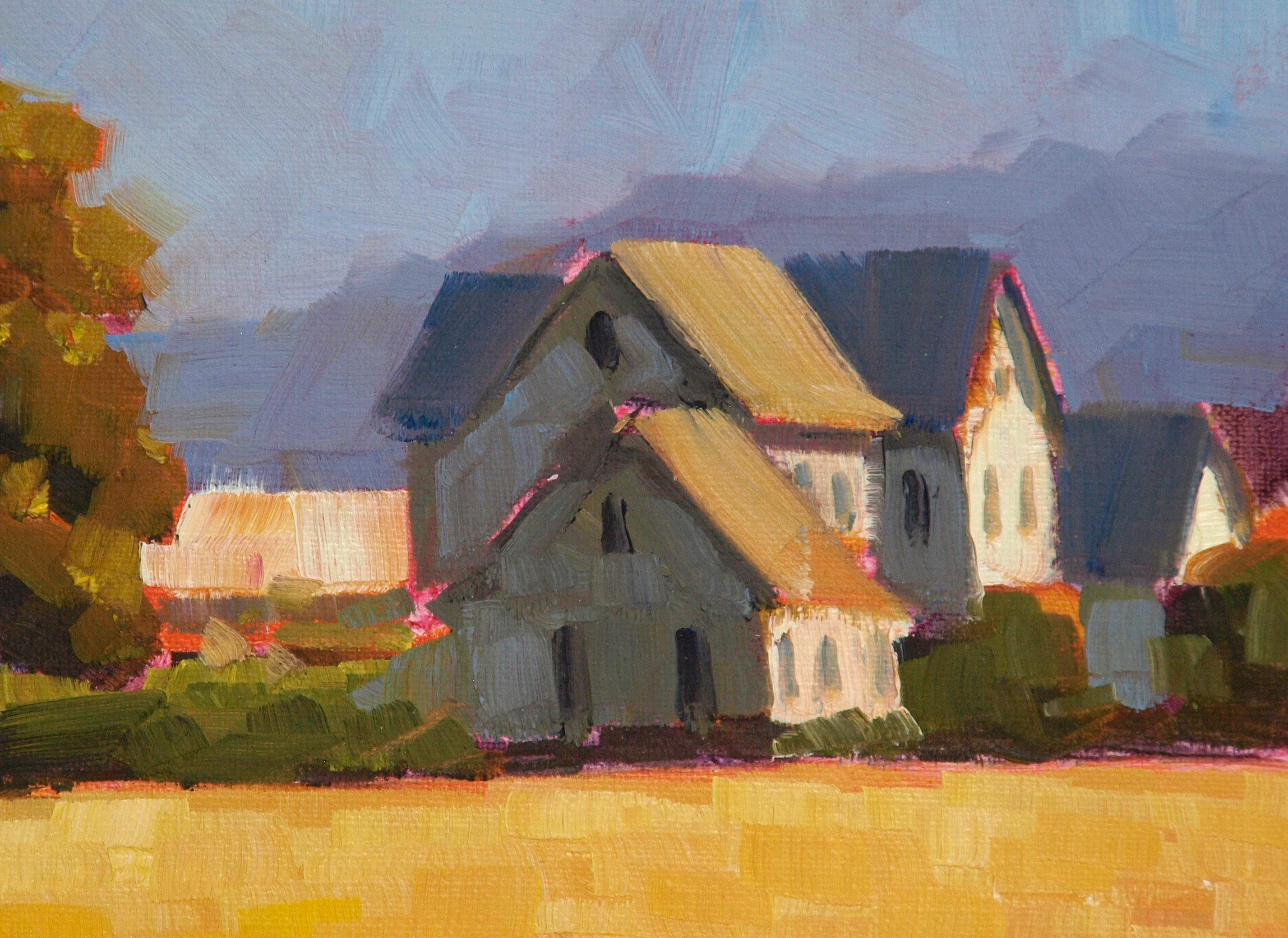 <p>Artist Comments<br />I like the geometric shapes in the farm house, which looks like it may have been added onto and evolved over the years.  The setting with its trees and mountains only made it that much more compelling to paint.</p><br