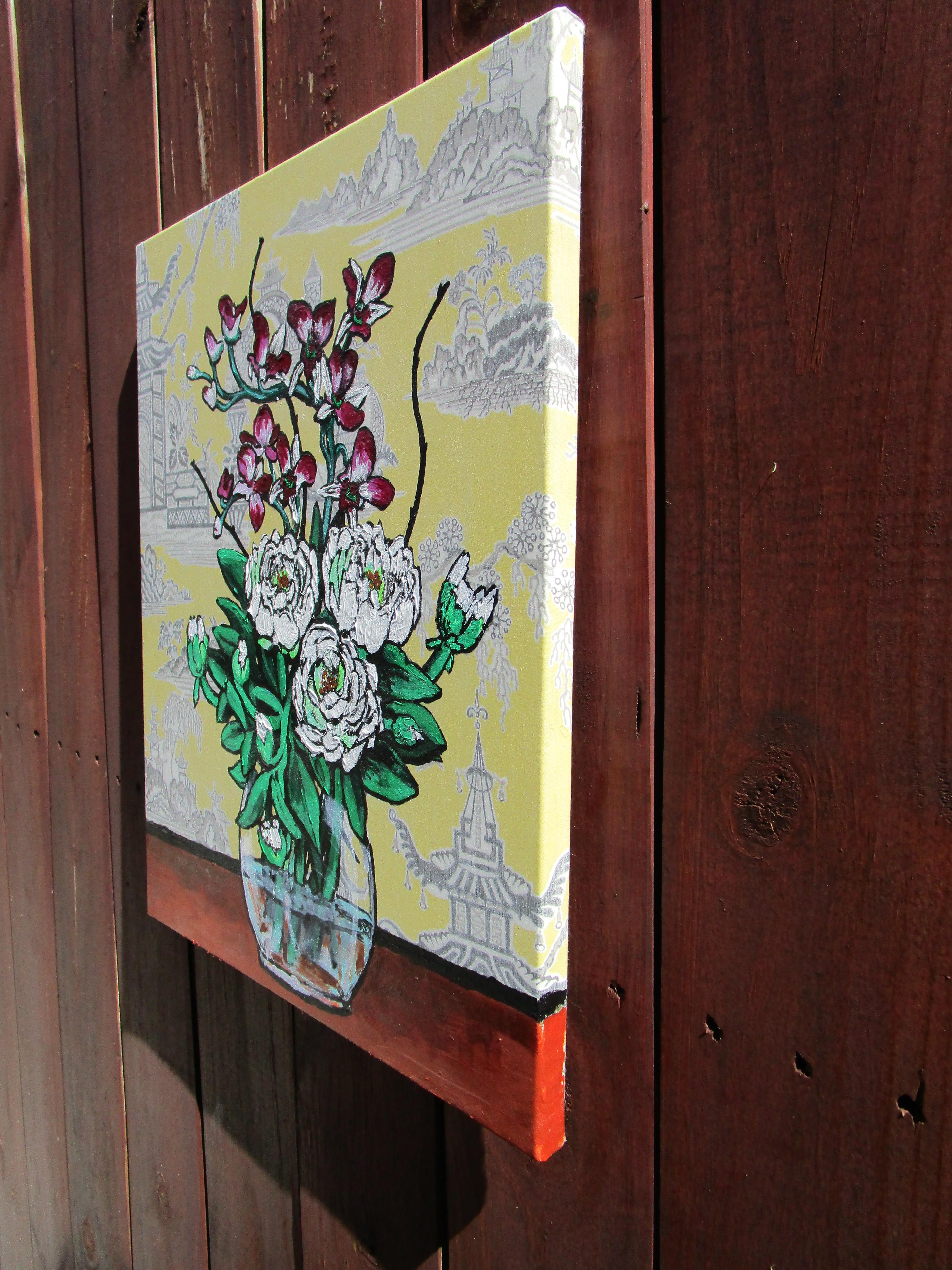Orchids and Lotus  #8, Original Painting - Beige Still-Life Painting by Greg Angelone