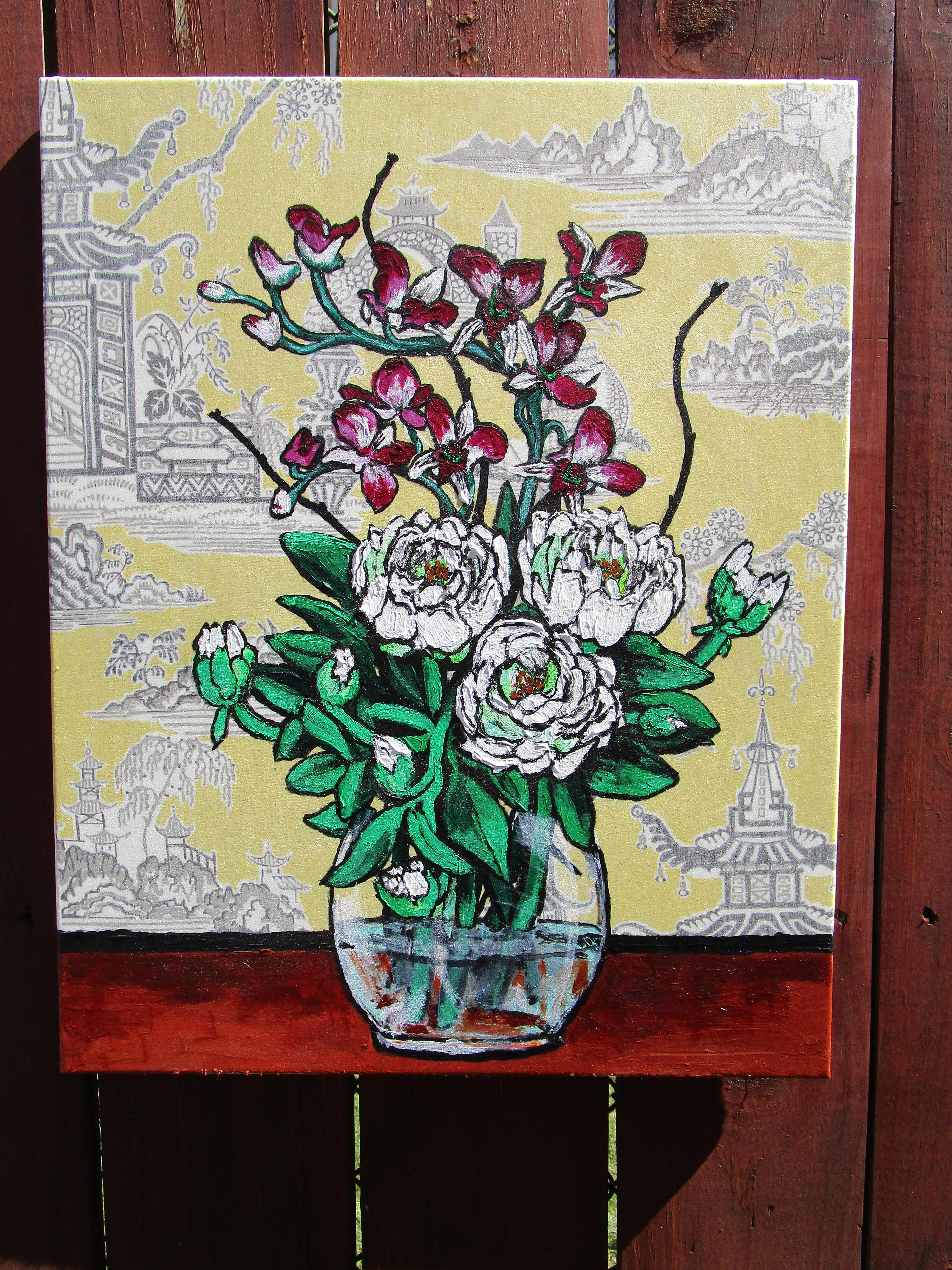 <p>Artist Comments<br>This painting depicts orchids and lotus flowers on a printed chinoiserie fabric background. The printed fabric was reversed to give the colors a softer appearance. It is finished with a UV-protecting clear gel.</p><br/><p>About