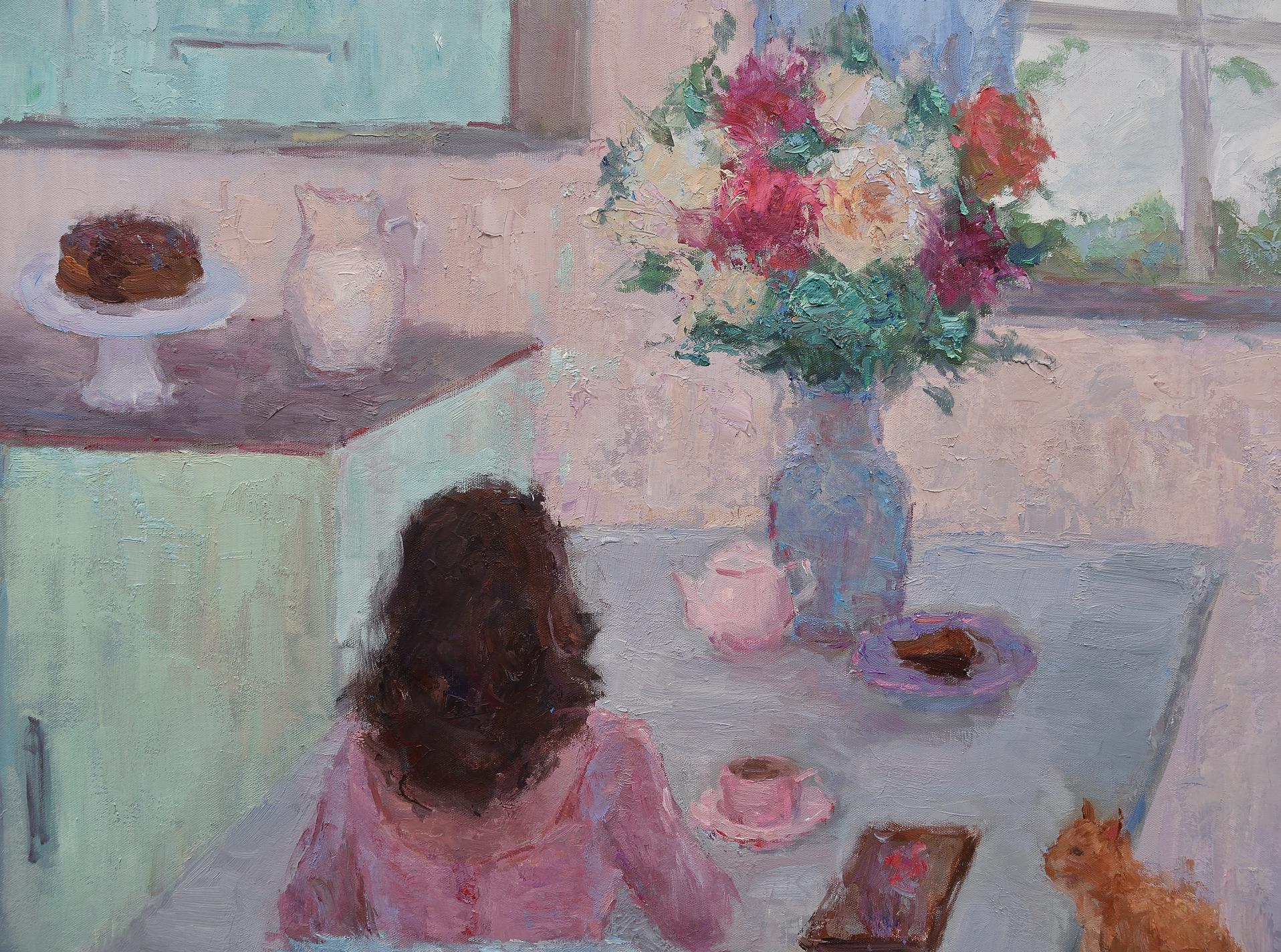 Breakfast for Two, Oil Painting - Gray Animal Painting by Oksana Johnson