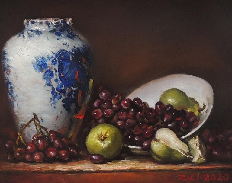 Zhi Li Blue White Vase With Pears And Grapes Oil Painting For