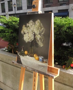 Hydrangeas blanches dans un vase avec des citrons:: peinture à l'huile