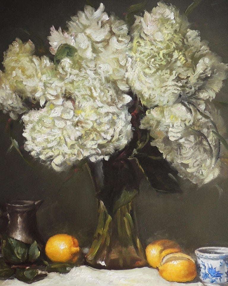 Zhi Li White Hydrangeas in Vase with Lemons, Oil Painting at 1stDibs