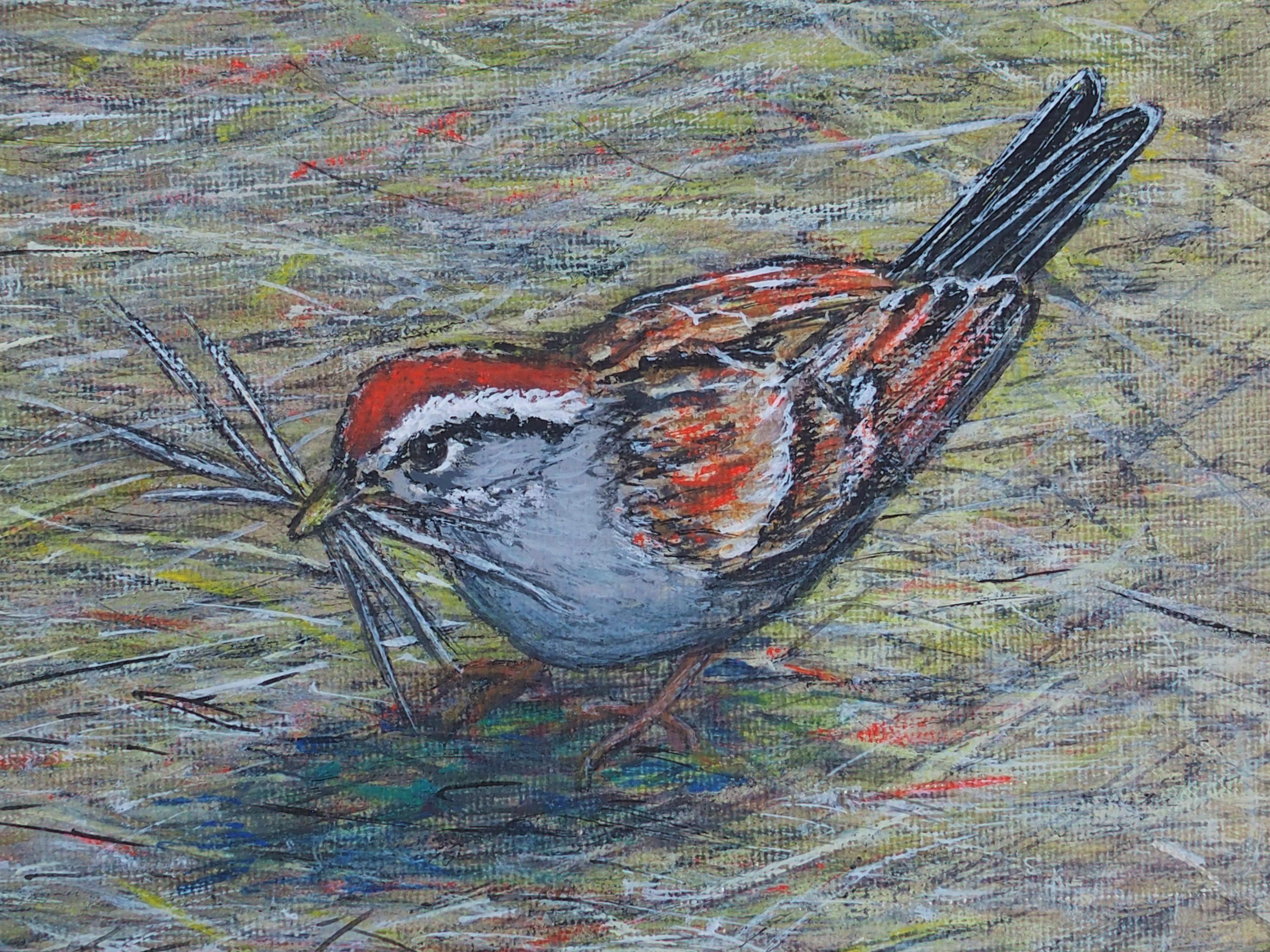 <p>Artist Comments<br />Artist Jennifer Ross observed two sparrows gathering grasses in her yard to start building their nest. She carefully studied their markings and mannerisms, working to bring their relationship and work ethic to life.</p><br