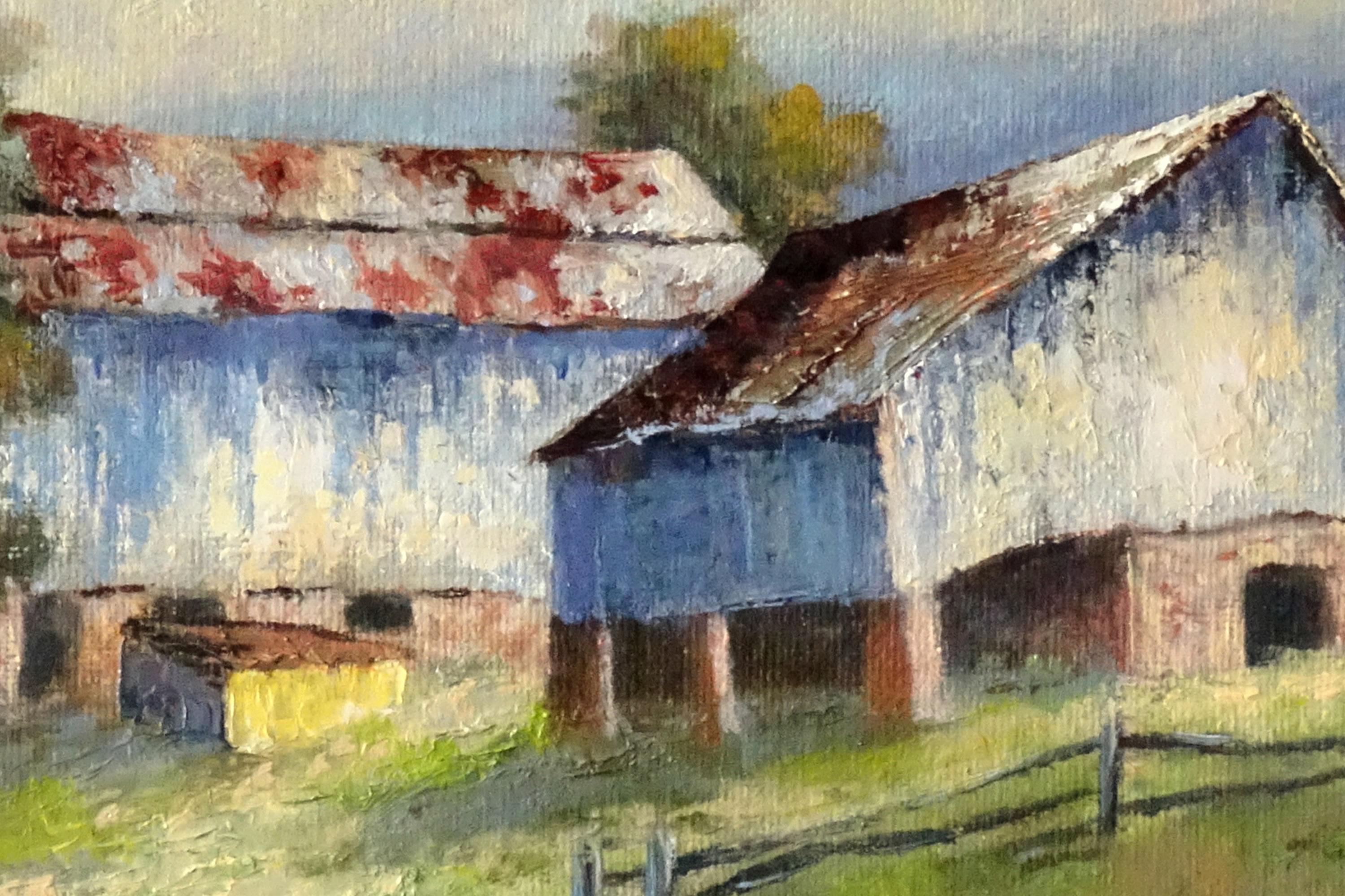 Blue Barns, Oil Painting - Abstract Impressionist Art by Gail Greene