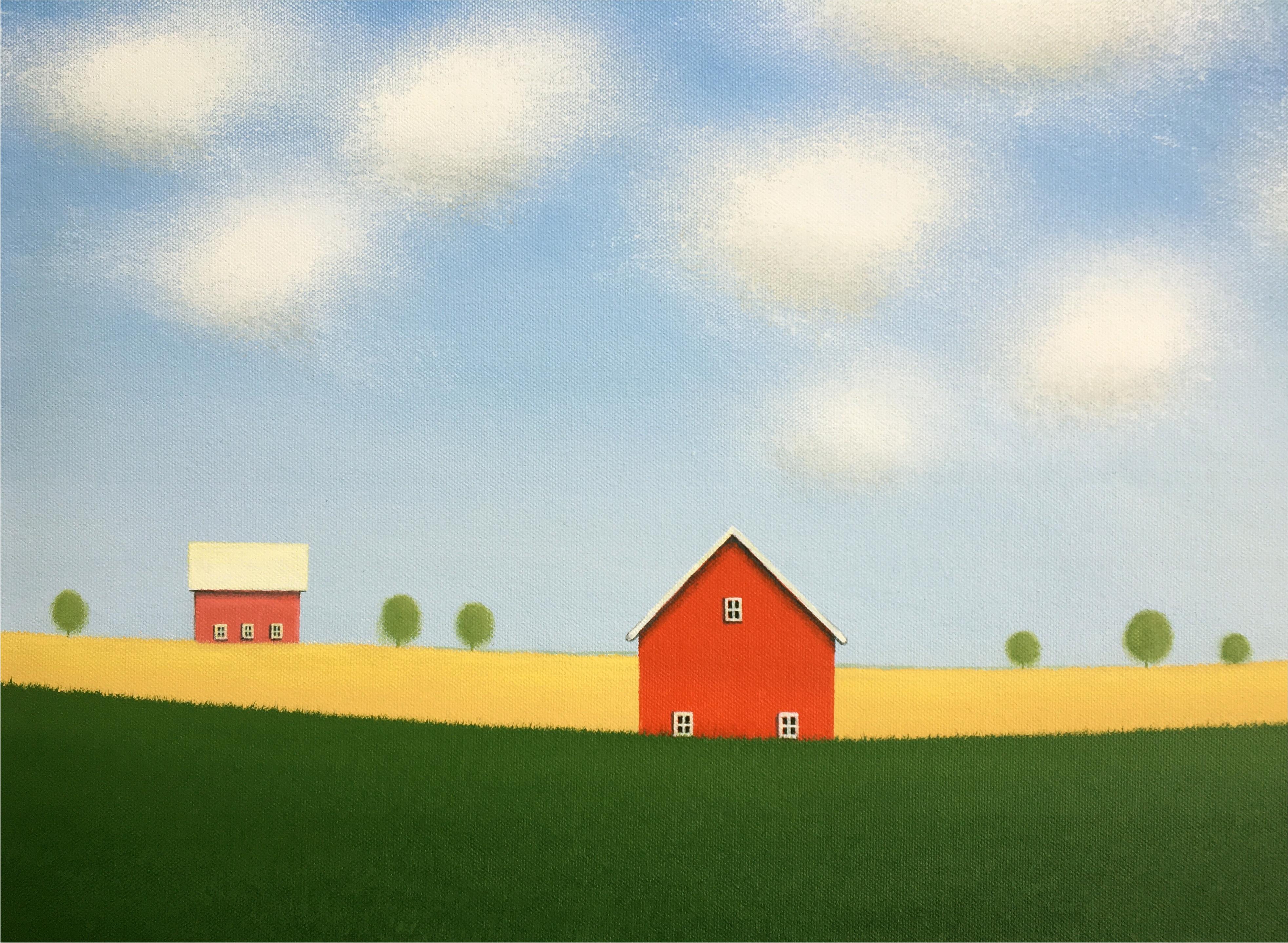 Peinture originale de grange rouge sur la vieille ferme - Contemporain Painting par Sharon  France