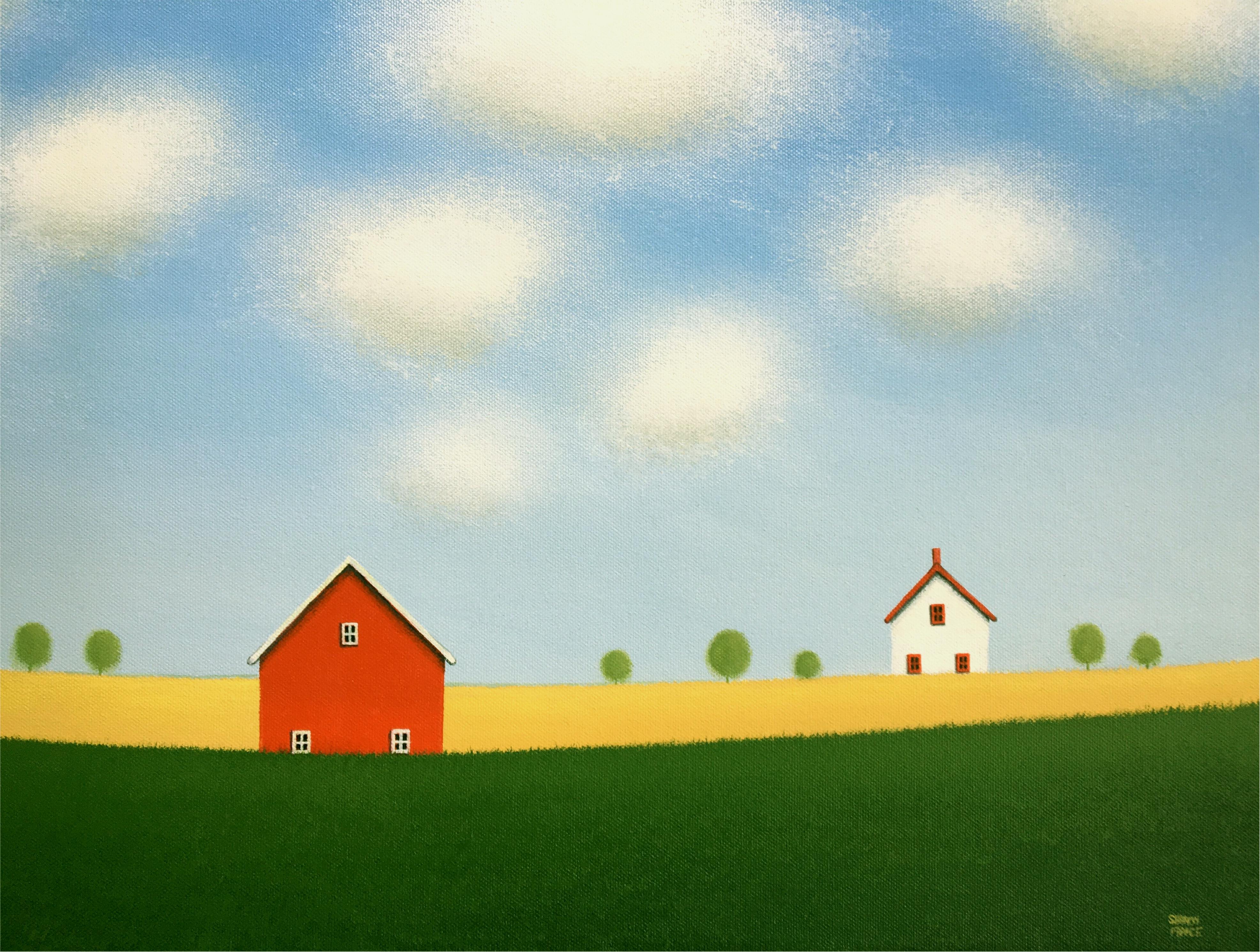 Peinture originale de grange rouge sur la vieille ferme - Gris Landscape Painting par Sharon  France